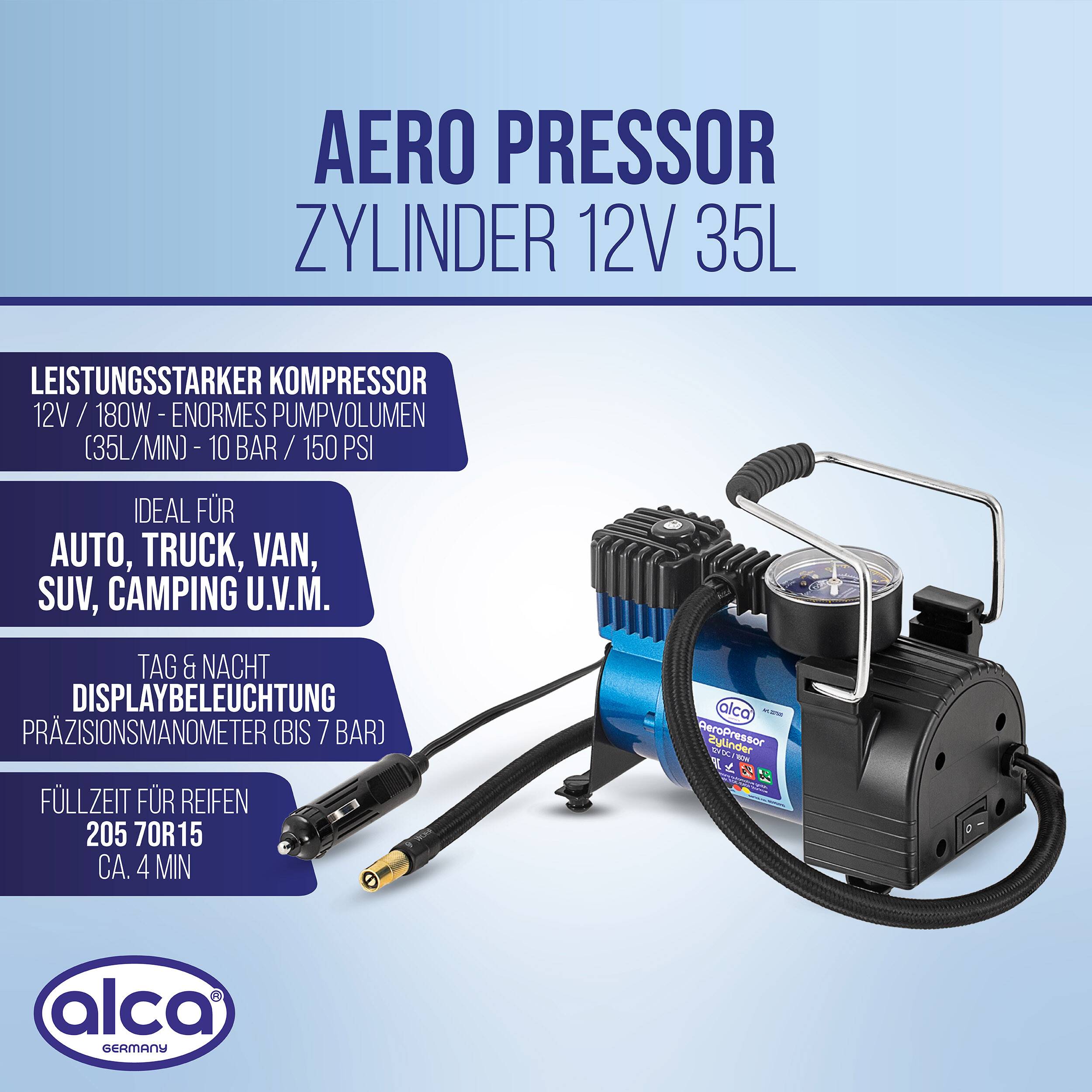 alca® Kompressor 12 V 10 bar 35 L/min 180 W LED Elektro Luftpumpe für Kfz-Zigarettenanzünder mit einem