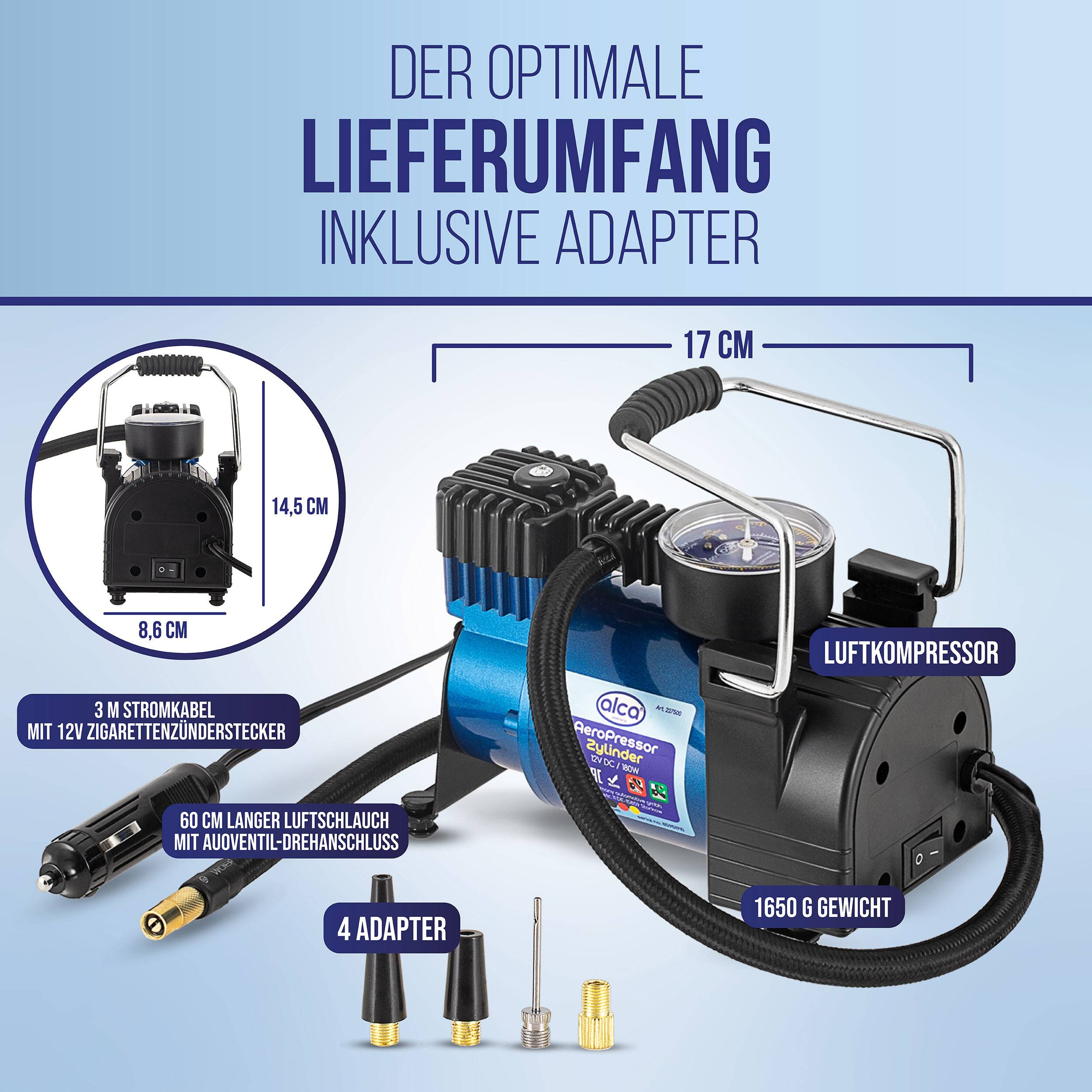 alca® Kompressor 12 V 10 bar 35 L/min 180 W LED Elektro Luftpumpe für Kfz-Zigarettenanzünder mit einem