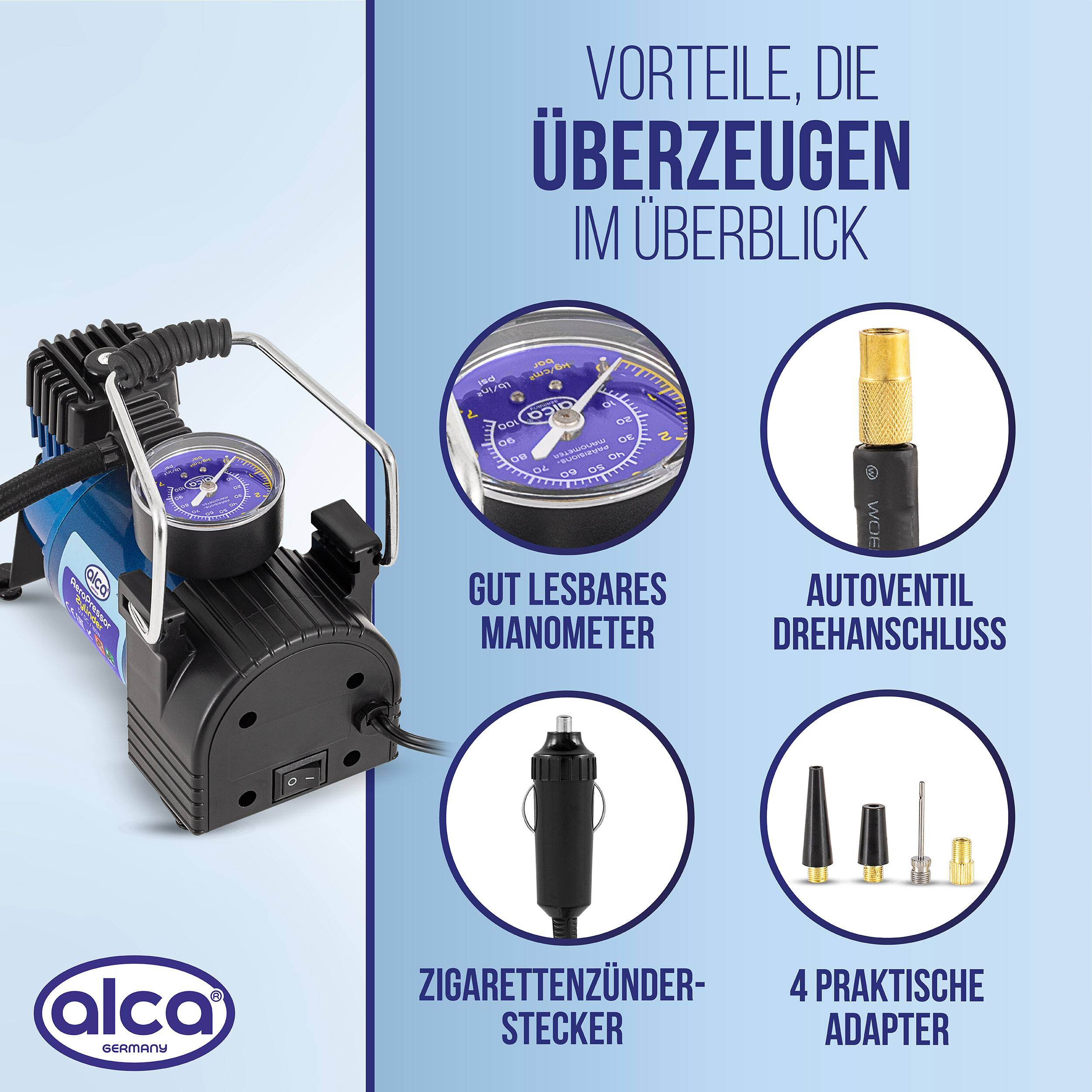 alca® Kompressor 12 V 10 bar 35 L/min 180 W LED Elektro Luftpumpe für Kfz-Zigarettenanzünder mit einem