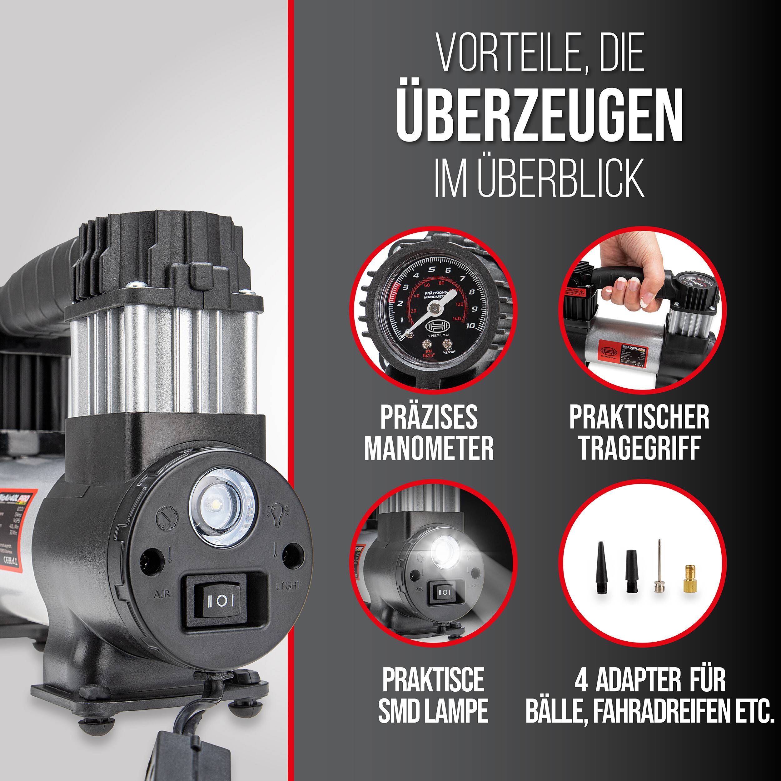 HEYNER® Kompressor 12 V 10 bar 40 l/min PKW Luftpumpe mit SMD LED Licht