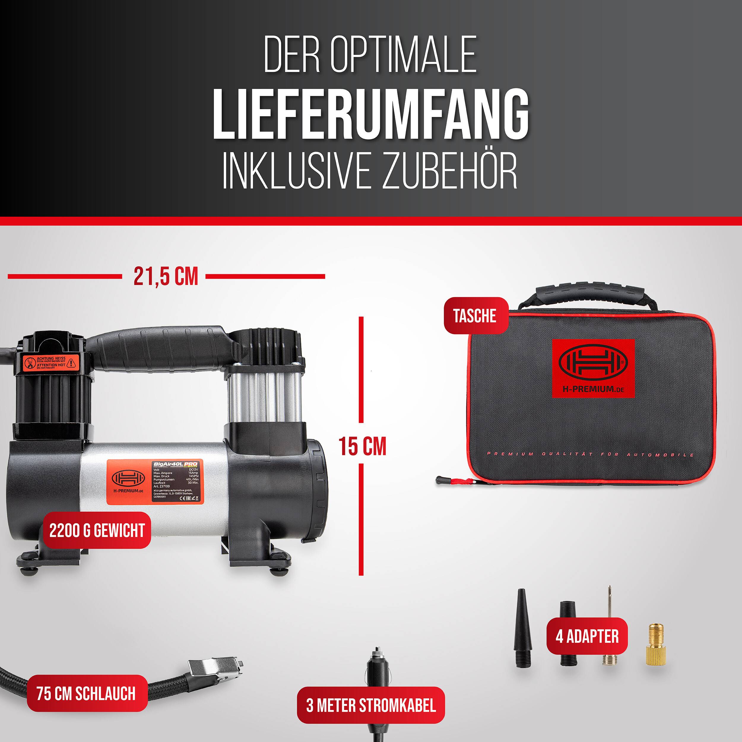 HEYNER® Kompressor 12 V 10 bar 40 l/min PKW Luftpumpe mit SMD LED Licht