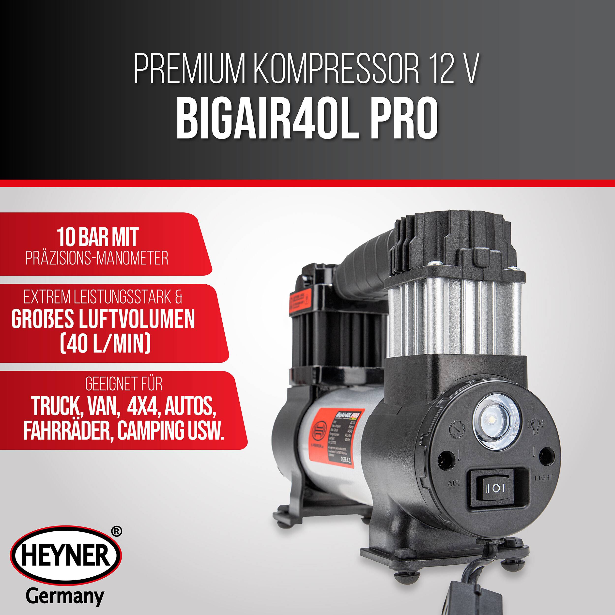 HEYNER® Kompressor 12 V 10 bar 40 l/min PKW Luftpumpe mit SMD LED Licht