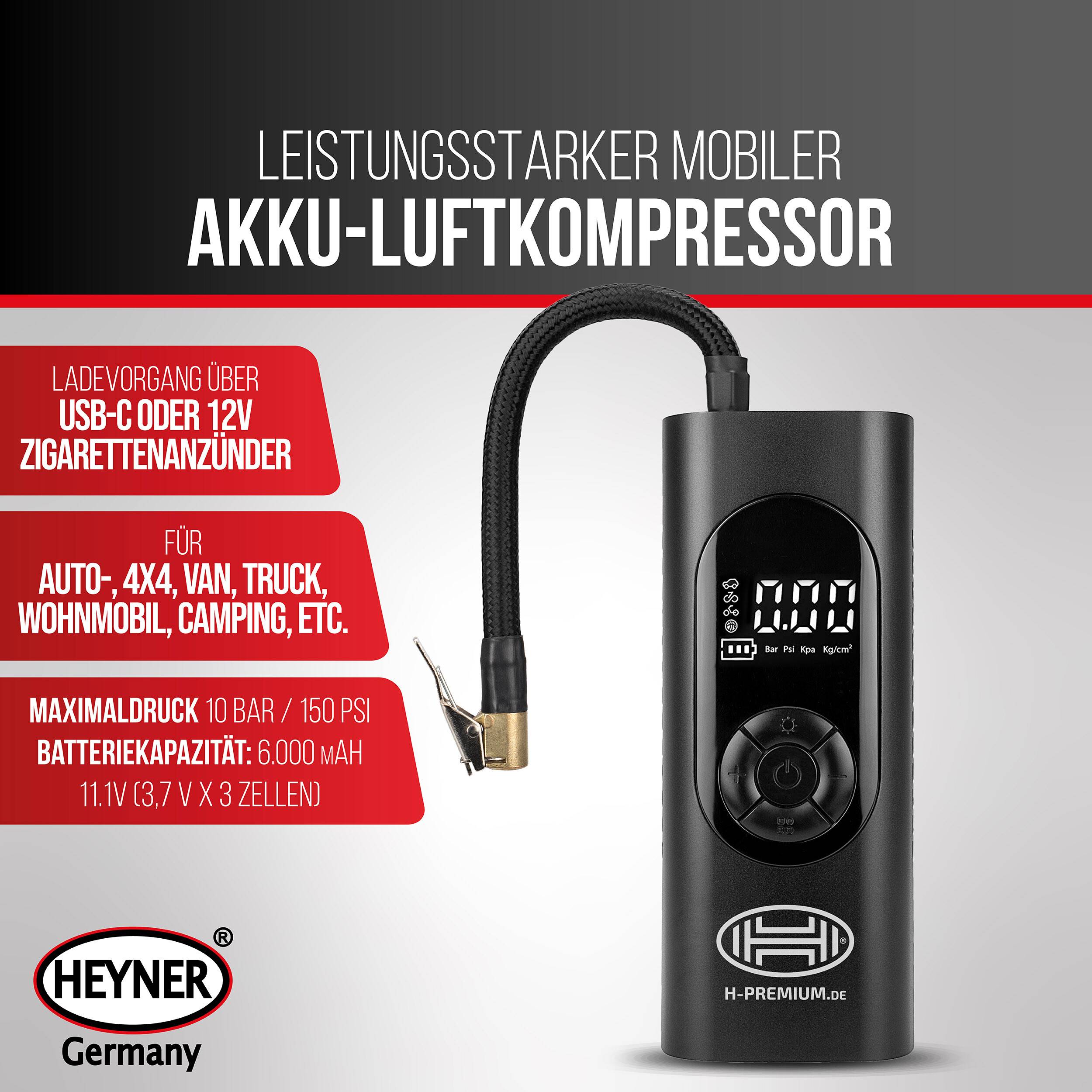 HEYNER® Luftkompressor mit 6000 mAh Akku 10 bar, Auto-Stopp & LCD-Anzeige Livebetrieb über 12 V am Fahrzeug, Powerbank