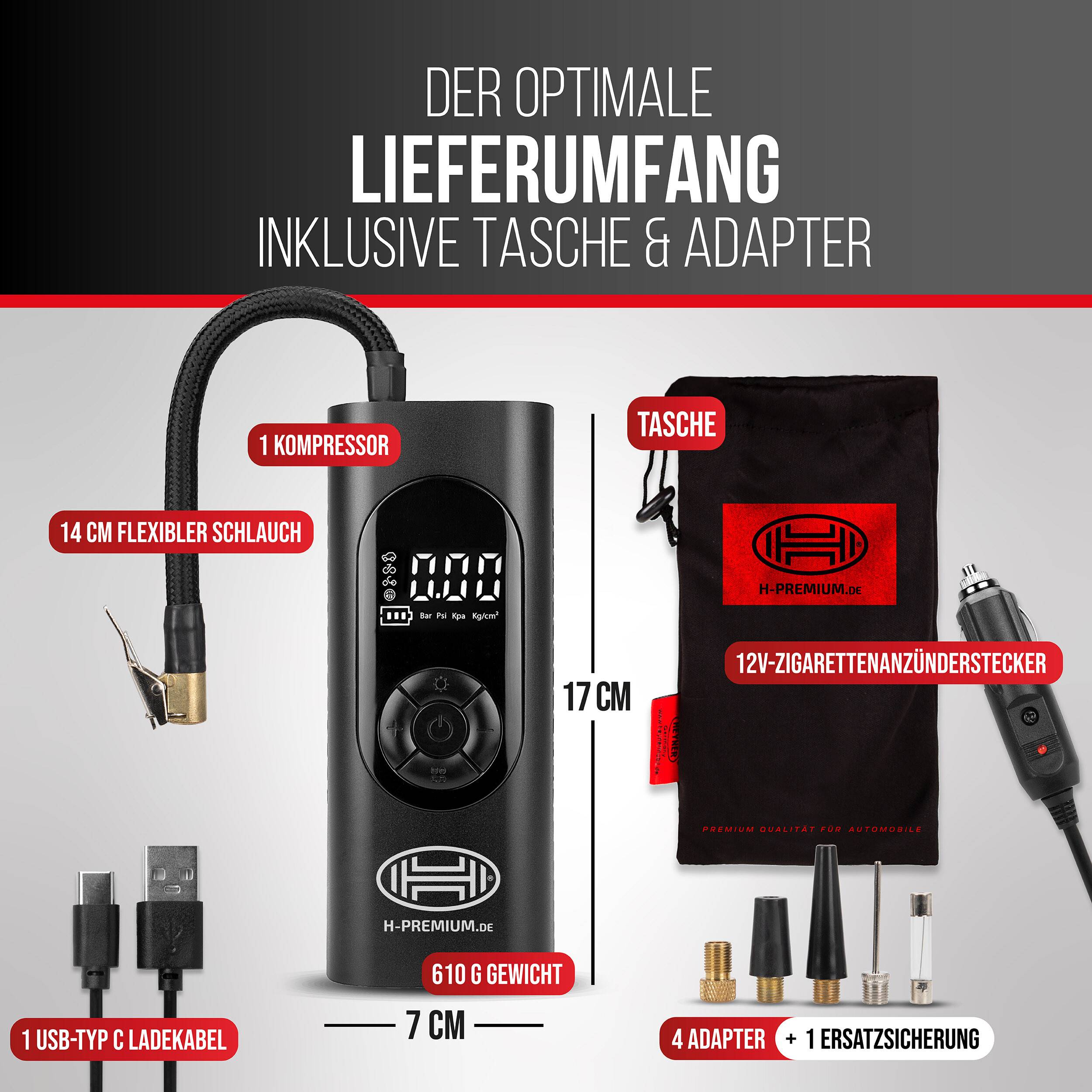 HEYNER® Luftkompressor mit 6000 mAh Akku 10 bar, Auto-Stopp & LCD-Anzeige Livebetrieb über 12 V am Fahrzeug, Powerbank