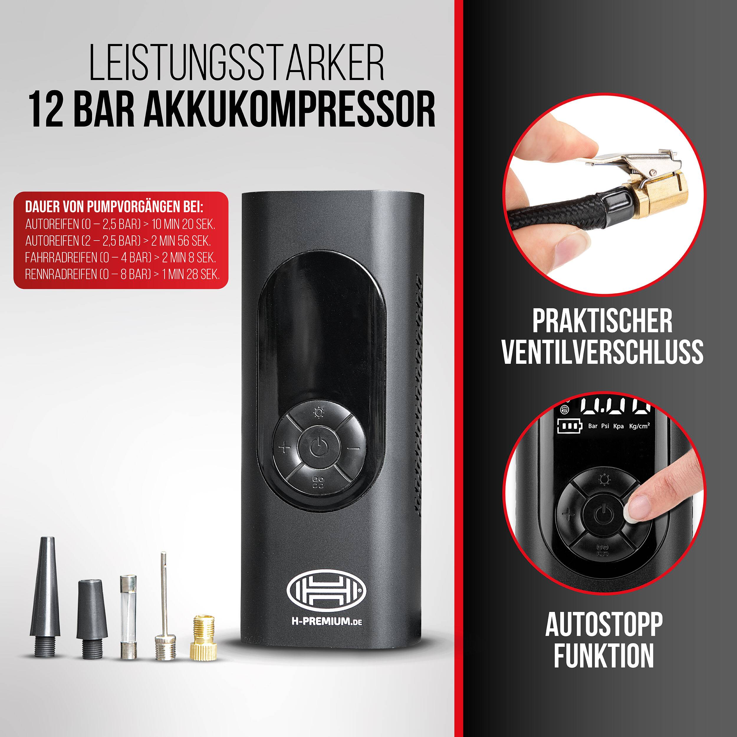HEYNER® Luftkompressor mit 6000 mAh Akku 10 bar, Auto-Stopp & LCD-Anzeige Livebetrieb über 12 V am Fahrzeug, Powerbank