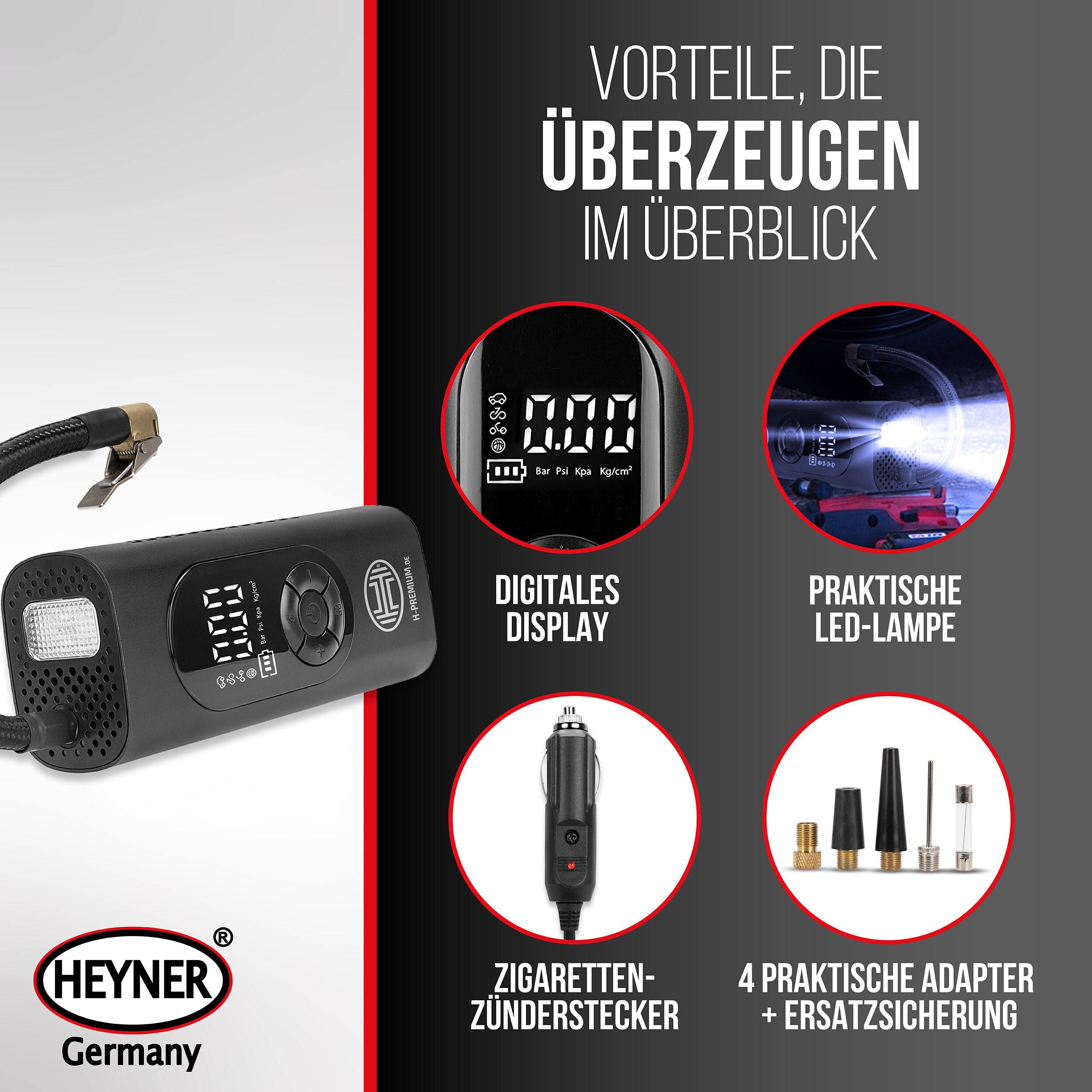 HEYNER® Luftkompressor mit 6000 mAh Akku 10 bar, Auto-Stopp & LCD-Anzeige Livebetrieb über 12 V am Fahrzeug, Powerbank