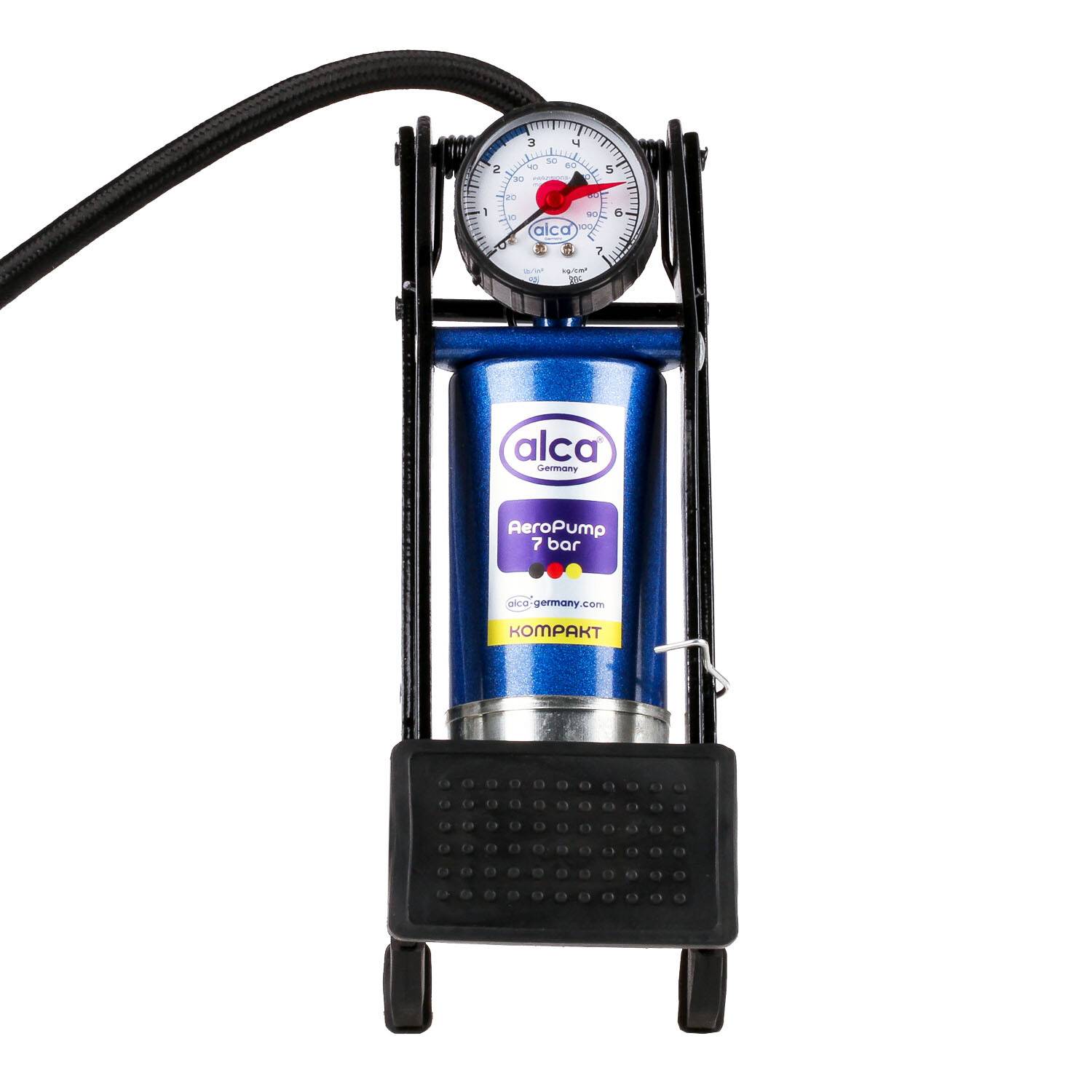alca® Kompakt-Fußluftpumpe 7 bar mit Präzisionsmanometer für Fahrzeugreifen Zylinder aus Stahl, Rahmen aus robustem