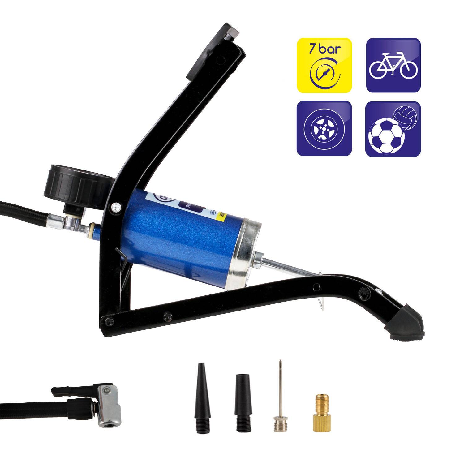 alca® Kompakt-Fußluftpumpe 7 bar mit Präzisionsmanometer für Fahrzeugreifen Zylinder aus Stahl, Rahmen aus robustem