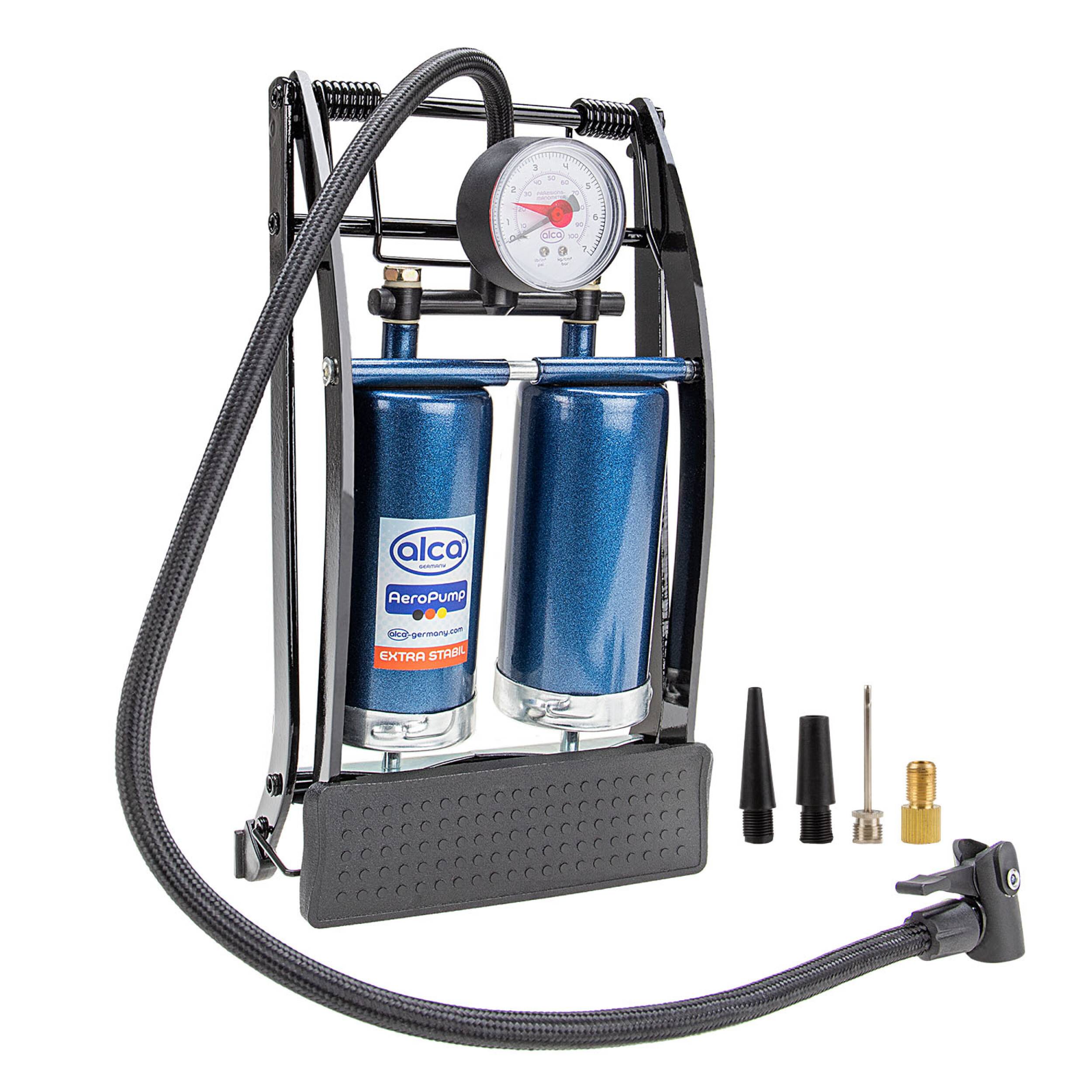 alca® Luftpumpe Doppelhub Fußluftpumpe, Fahrradluftpumpe, Doppel-Zylinder, 7 bar, Adapter inklusive