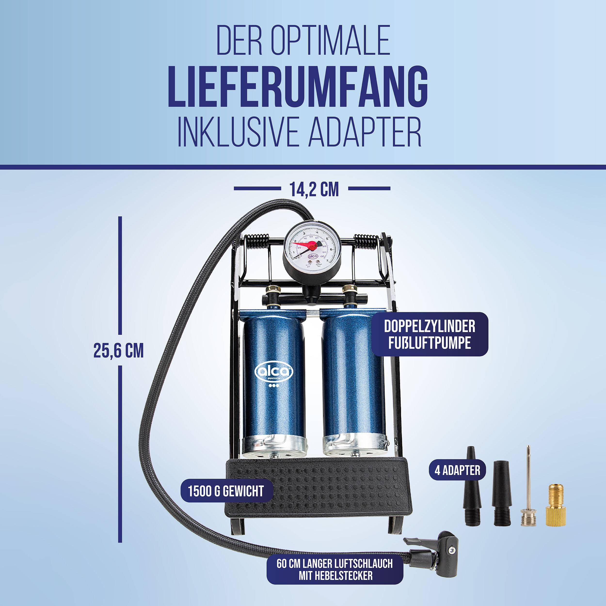 alca® 2-Zylinder-Fußpumpe mit Manometer bis 7 bar für Auto und Fahrrad Rahmen aus Stahl gefertigt, Rote Zielmarke