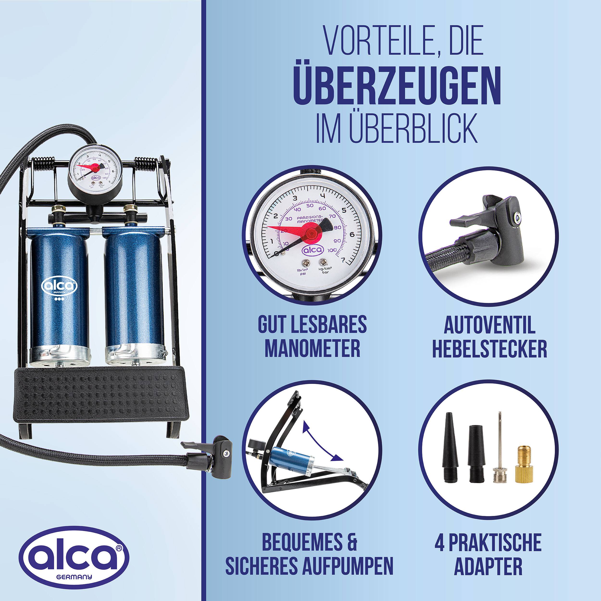 alca® 2-Zylinder-Fußpumpe mit Manometer bis 7 bar für Auto und Fahrrad Rahmen aus Stahl gefertigt, Rote Zielmarke