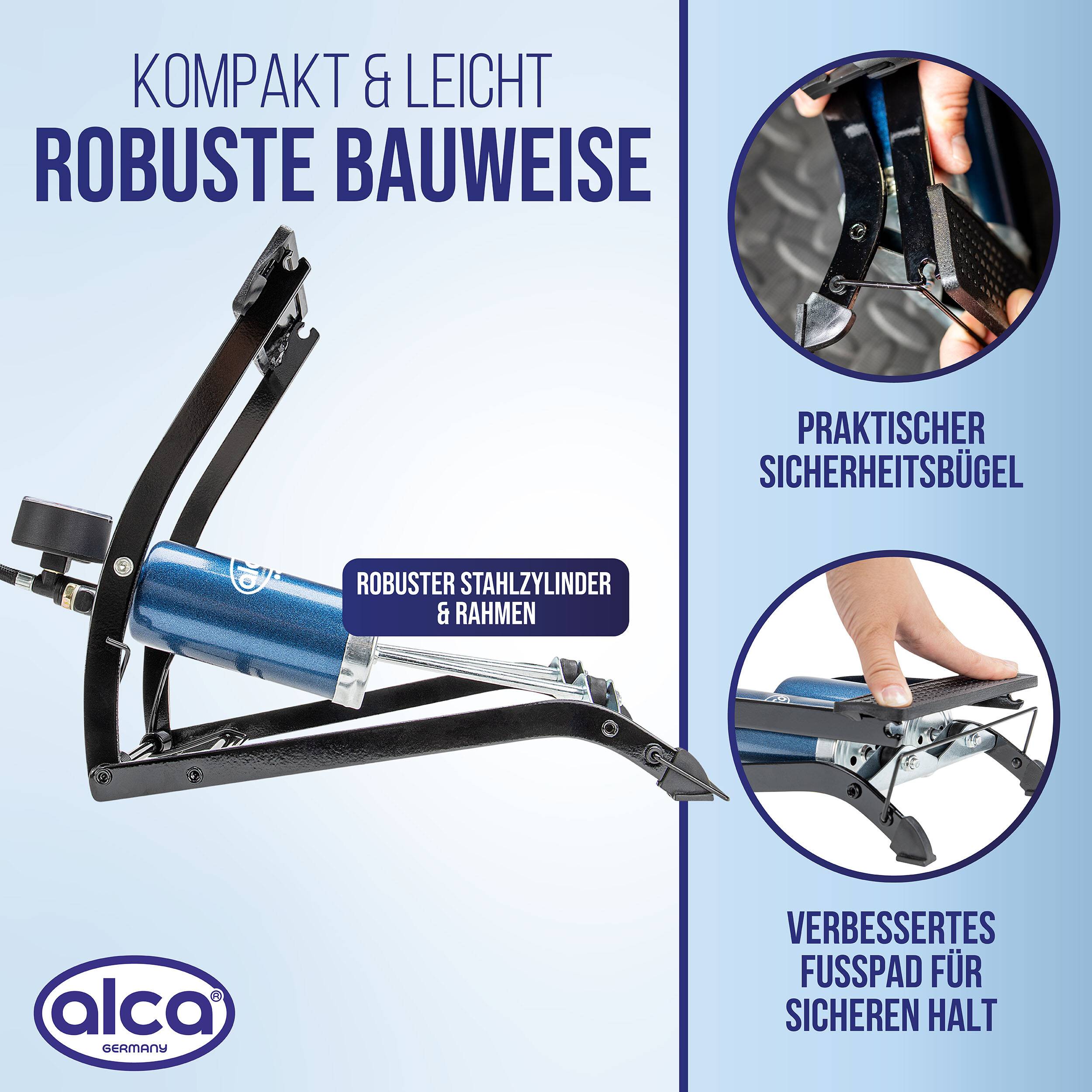 alca® 2-Zylinder-Fußpumpe mit Manometer bis 7 bar für Auto und Fahrrad Rahmen aus Stahl gefertigt, Rote Zielmarke