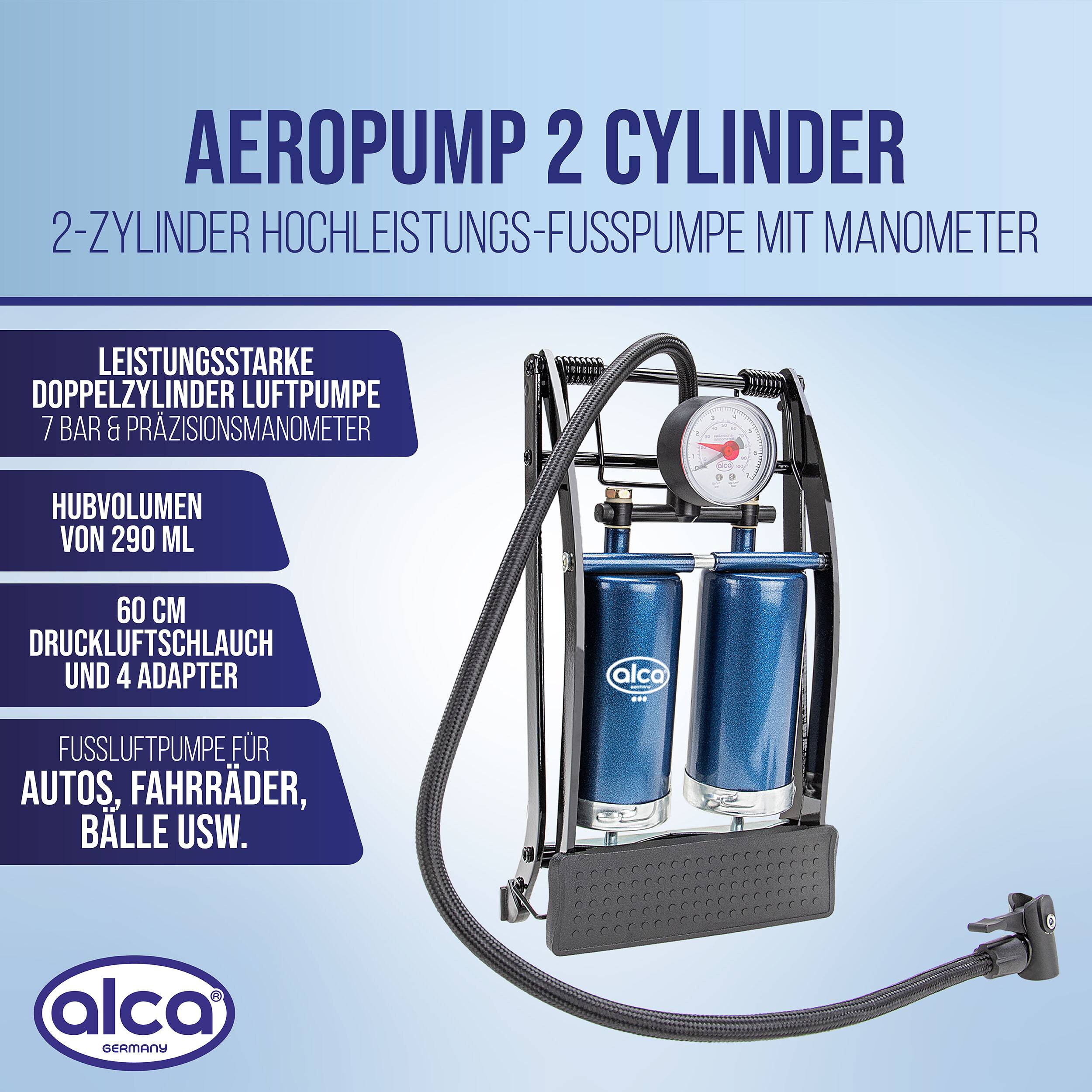 alca® 2-Zylinder-Fußpumpe mit Manometer bis 7 bar für Auto und Fahrrad Rahmen aus Stahl gefertigt, Rote Zielmarke