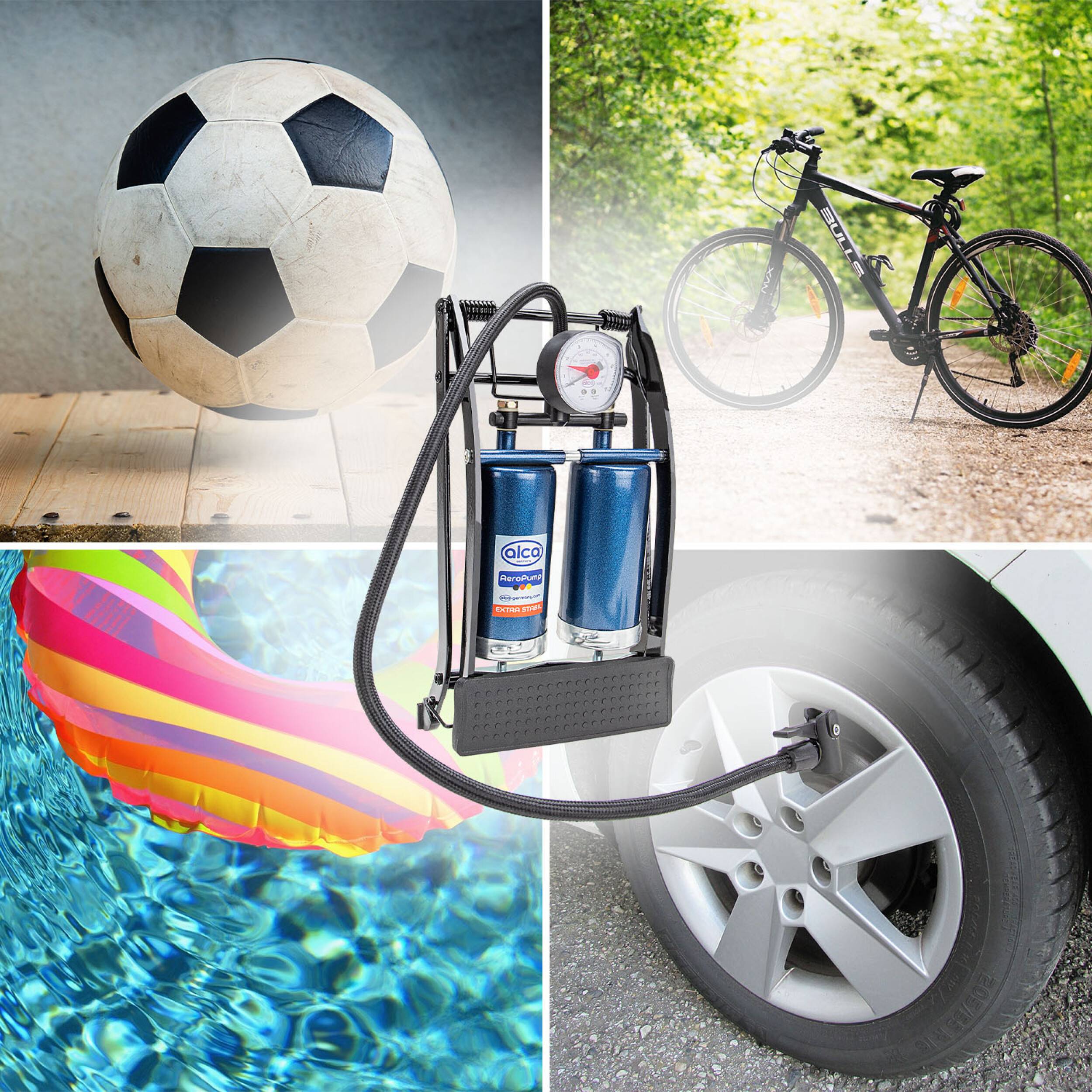alca® Luftpumpe Doppelhub Fußluftpumpe, Fahrradluftpumpe, Doppel-Zylinder, 7 bar, Adapter inklusive