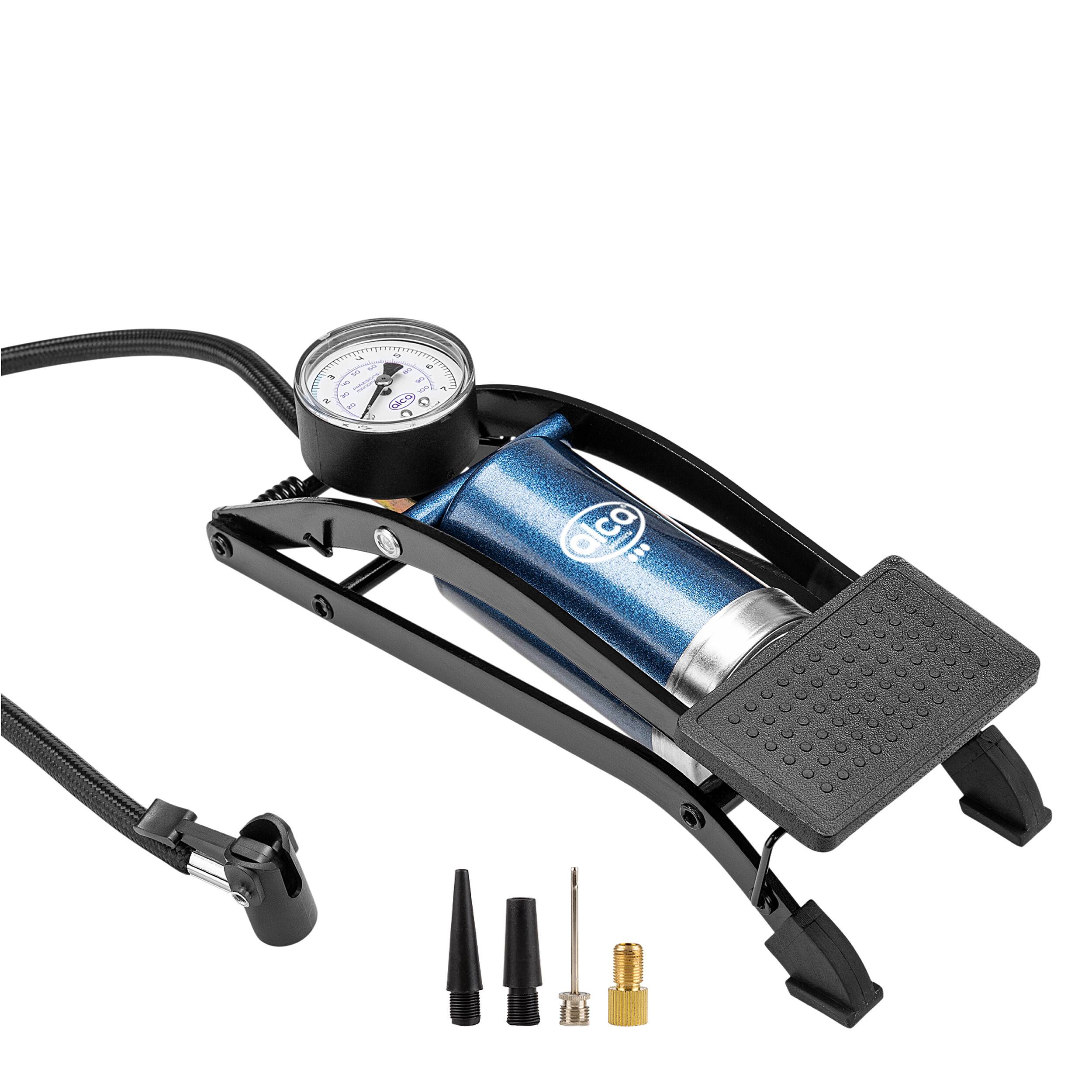 alca® Fußluftpumpe 7 bar mit Manometer sowie Adaptern für Pkw-Reifen Stahlzylinder, Rahmen aus robustem Metall,