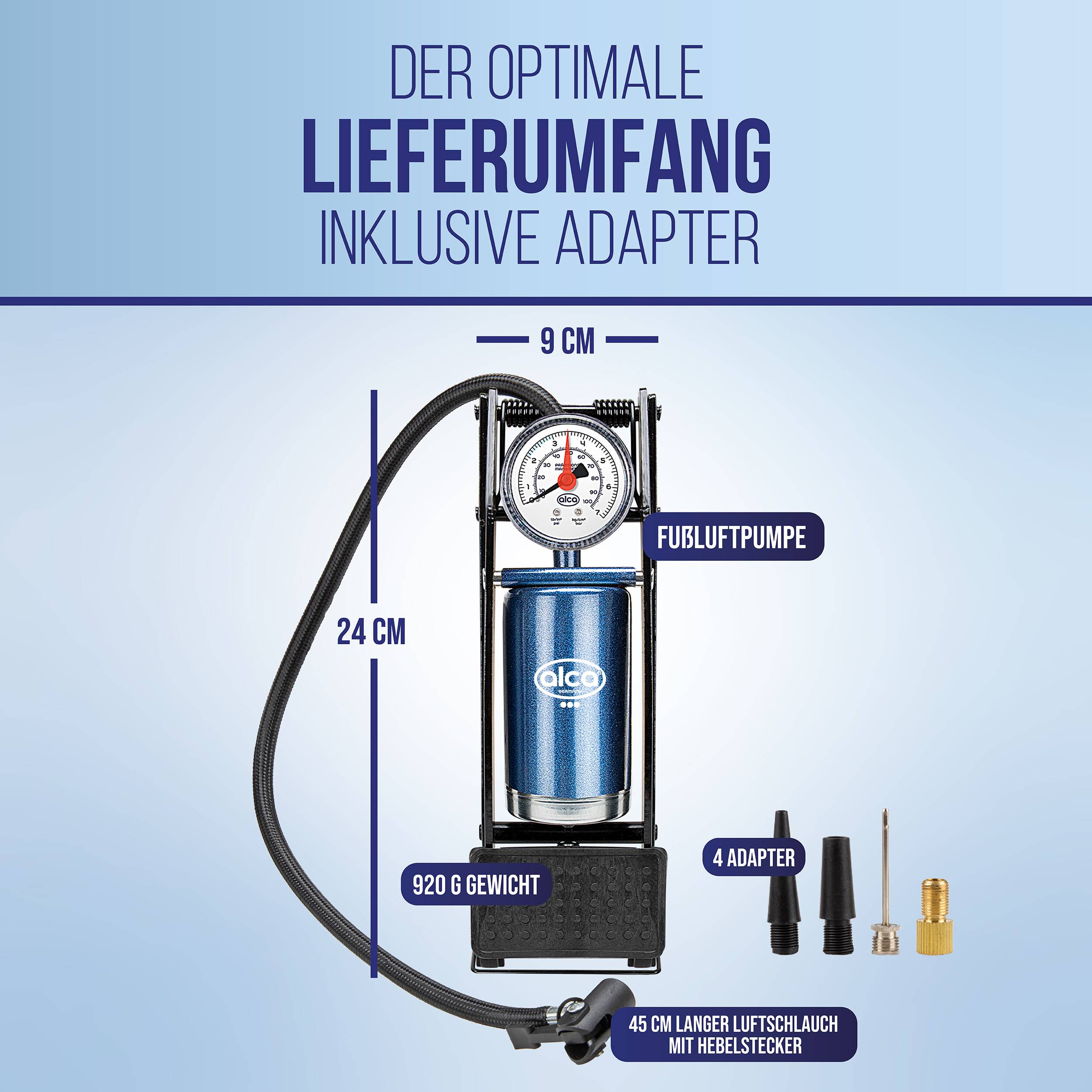 alca® Fußluftpumpe 7 bar mit Manometer sowie Adaptern für Pkw-Reifen Stahlzylinder, Rahmen aus robustem Metall,