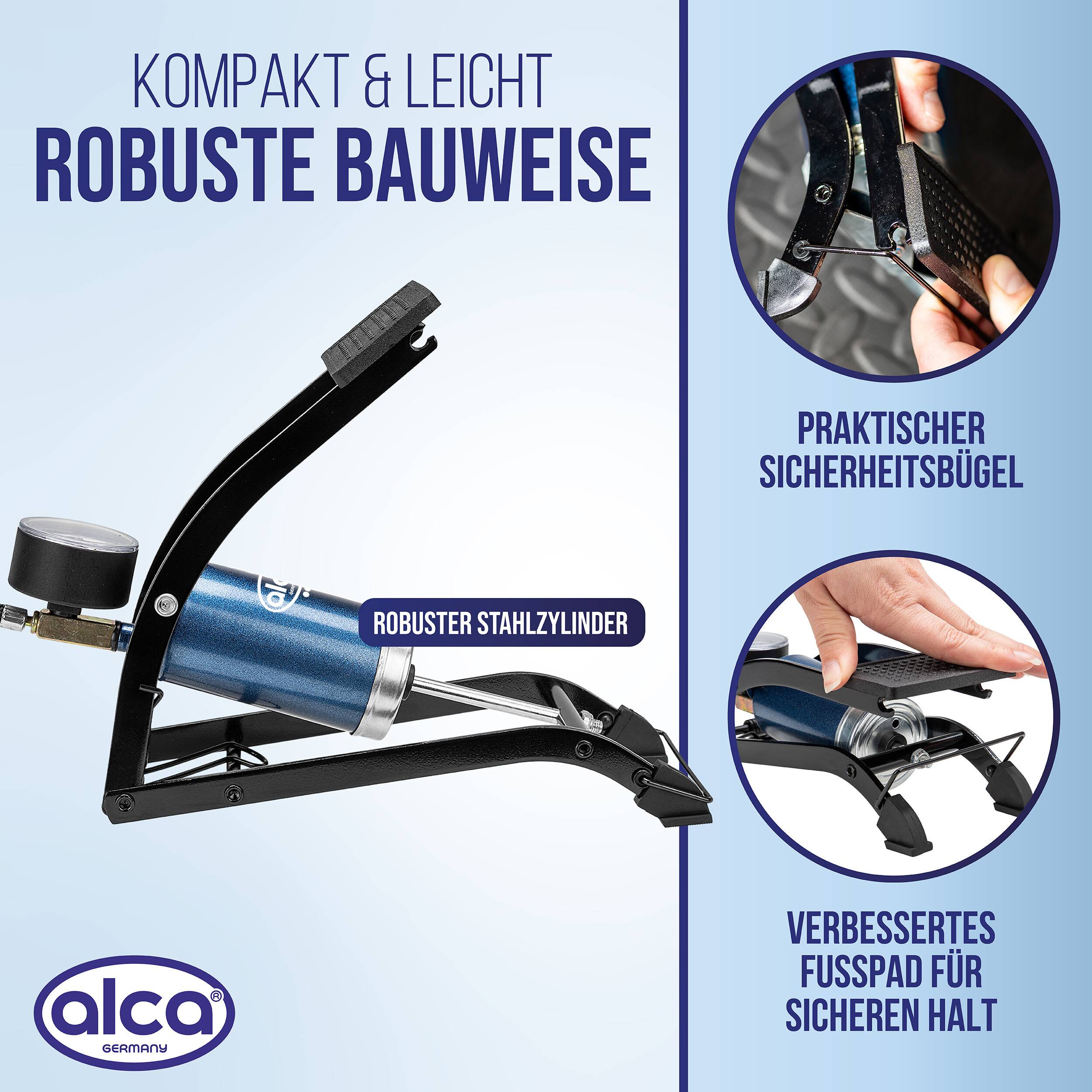 alca® Fußluftpumpe 7 bar mit Manometer sowie Adaptern für Pkw-Reifen Stahlzylinder, Rahmen aus robustem Metall,