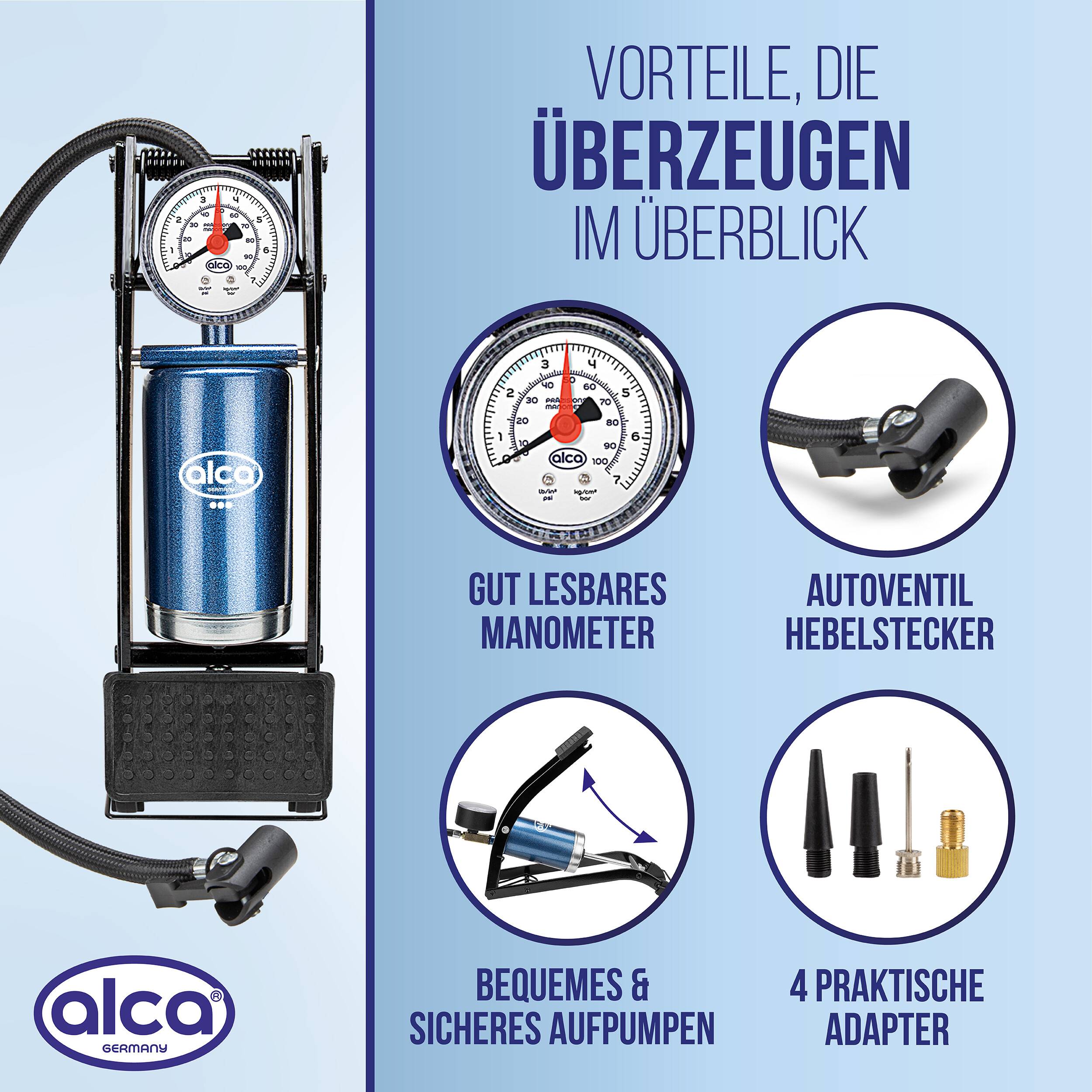 alca® Fußluftpumpe 7 bar mit Manometer sowie Adaptern für Pkw-Reifen Stahlzylinder, Rahmen aus robustem Metall,