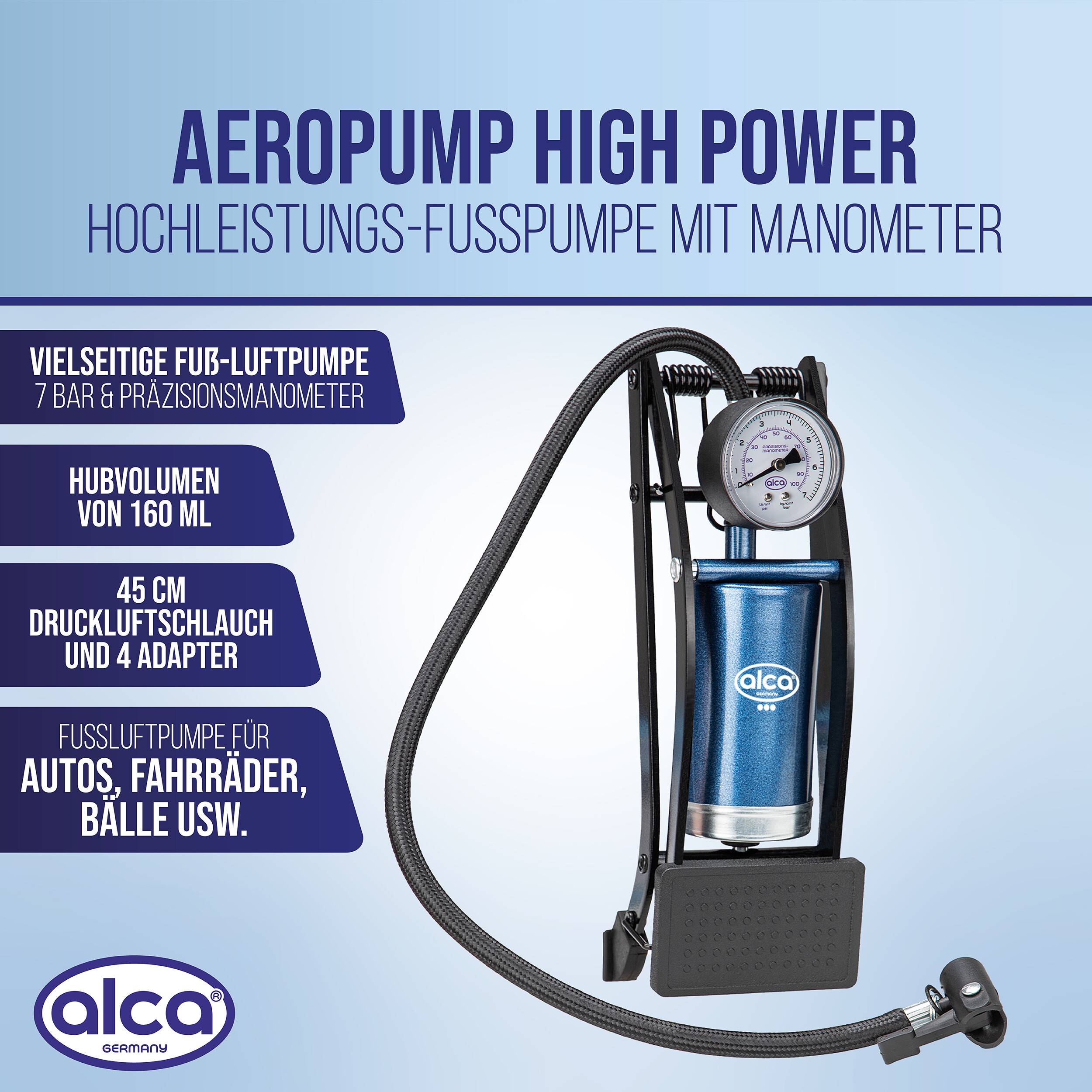 alca® Fußluftpumpe 7 bar mit Manometer sowie Adaptern für Pkw-Reifen Stahlzylinder, Rahmen aus robustem Metall,