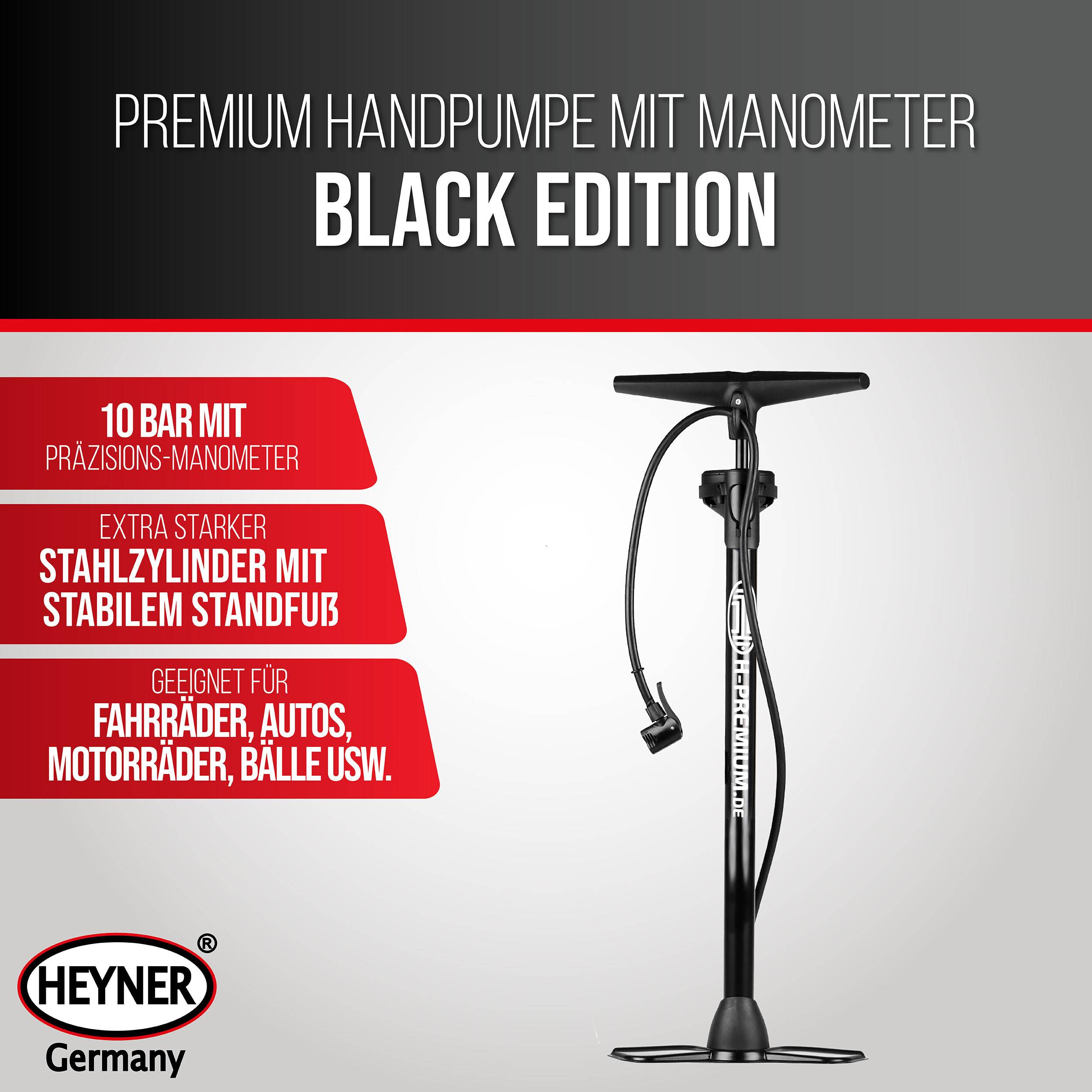 Eine Hochdruck-Handpumpe mit der Bezeichnung „Premium Handpumpe Mit Manometer Black Edition