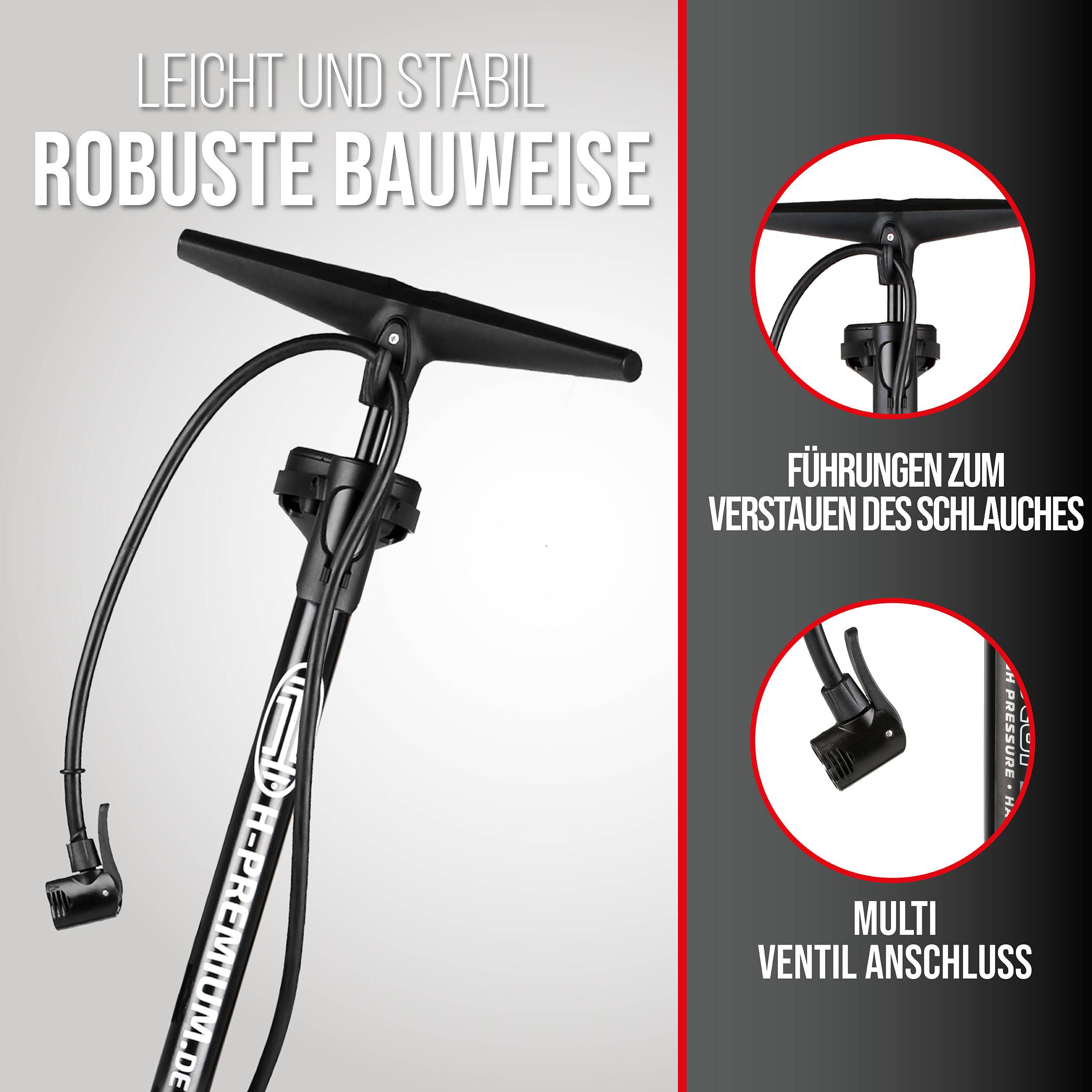 Fahrradpumpe mit hervorgehobenem, robustem Design. Zu den Merkmalen gehören Schlauchanschlüsse und ein Multi-Ventil-Anschluss. Text im Bild: 'LEICHT UND STABIL ROBUSTE BAUWEISE'.