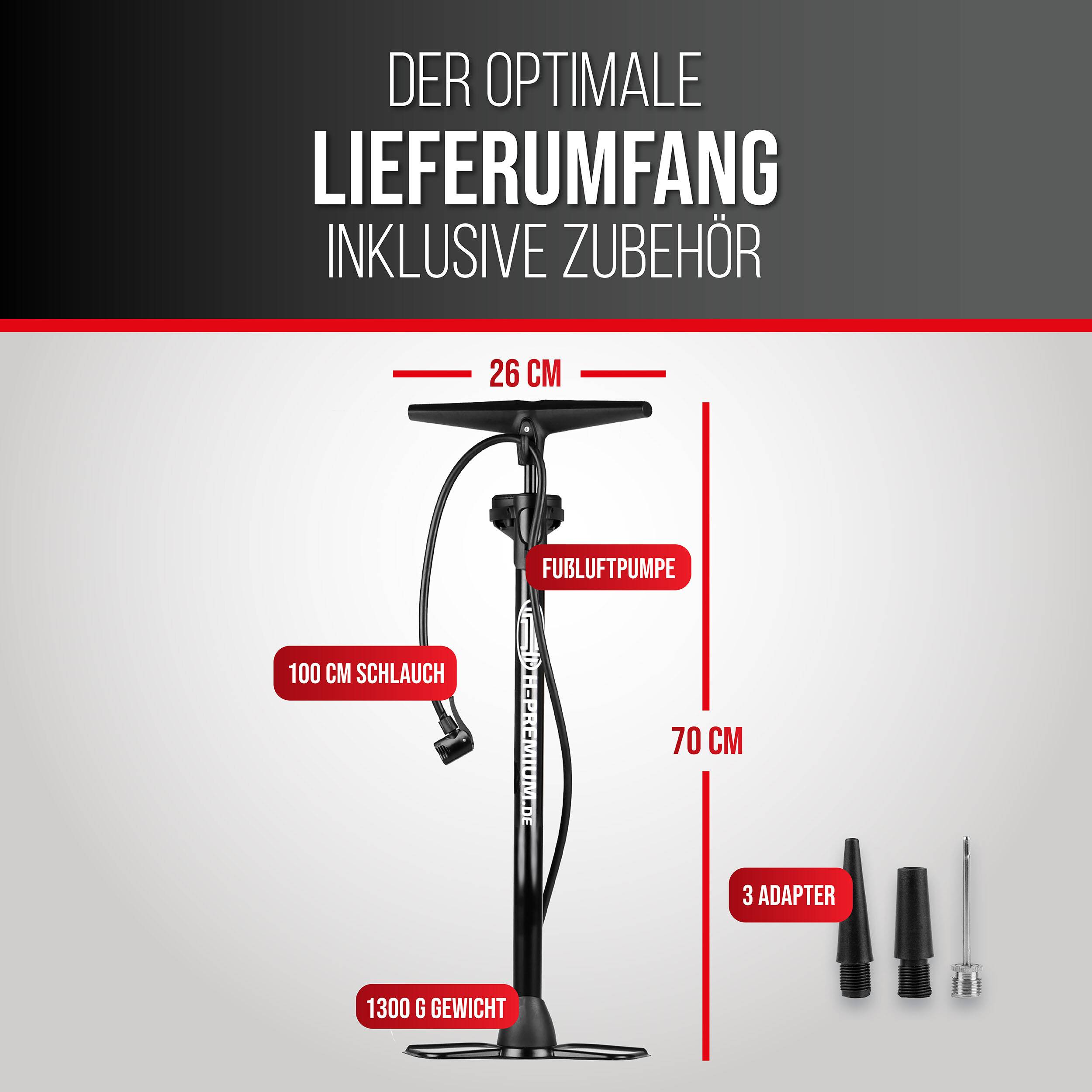 Der optimale Lieferumfang inklusive Zubehör': Fahrradpumpe mit 100 cm Schlauch, 70 cm Höhe, 1300 g Gewicht; beinhaltet 3 Adapter.