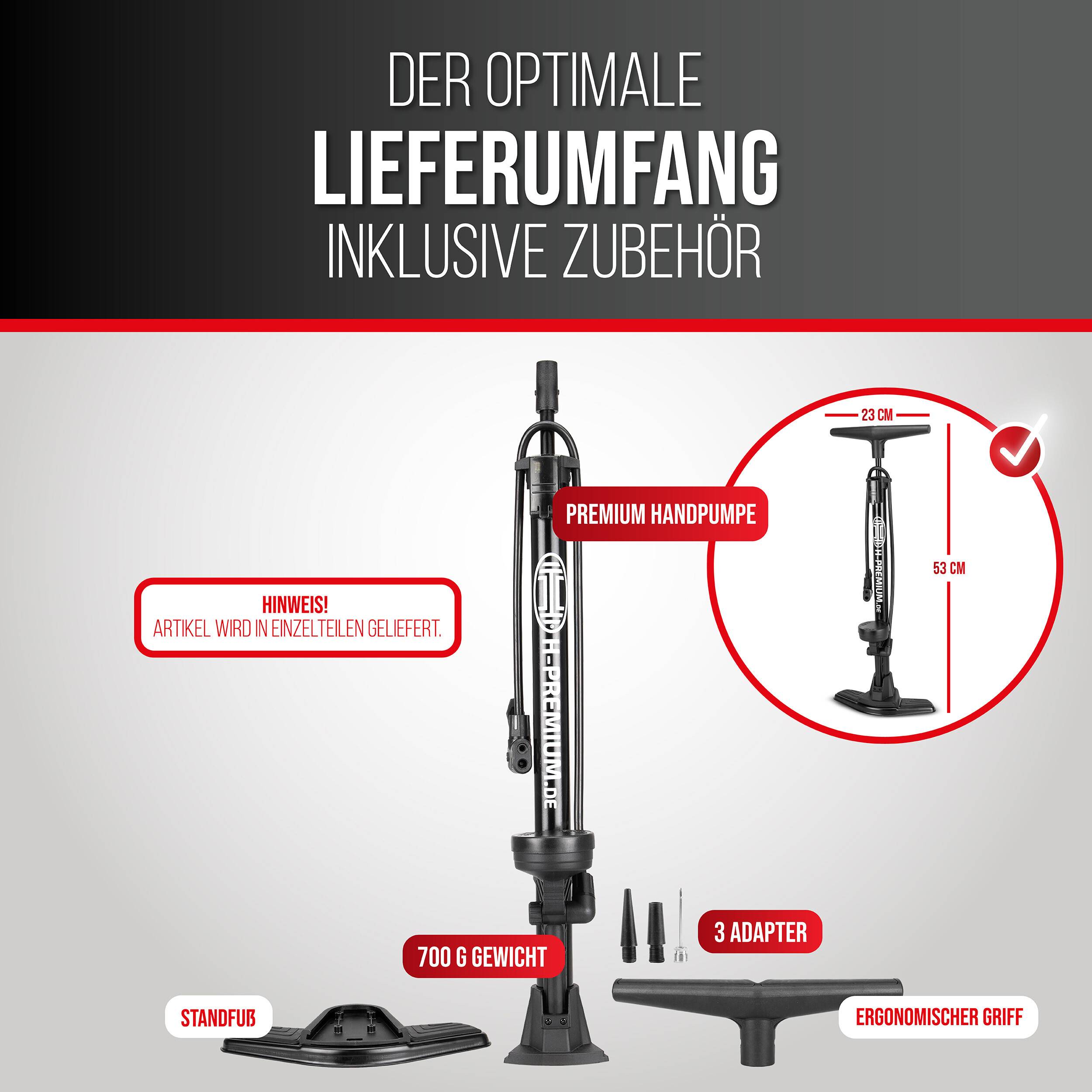 HEYNER® Standluftpumpe, Fahrradpumpe, Standpumpe 11 bar, Multi-Ventil Anschluss, für alle Ventile