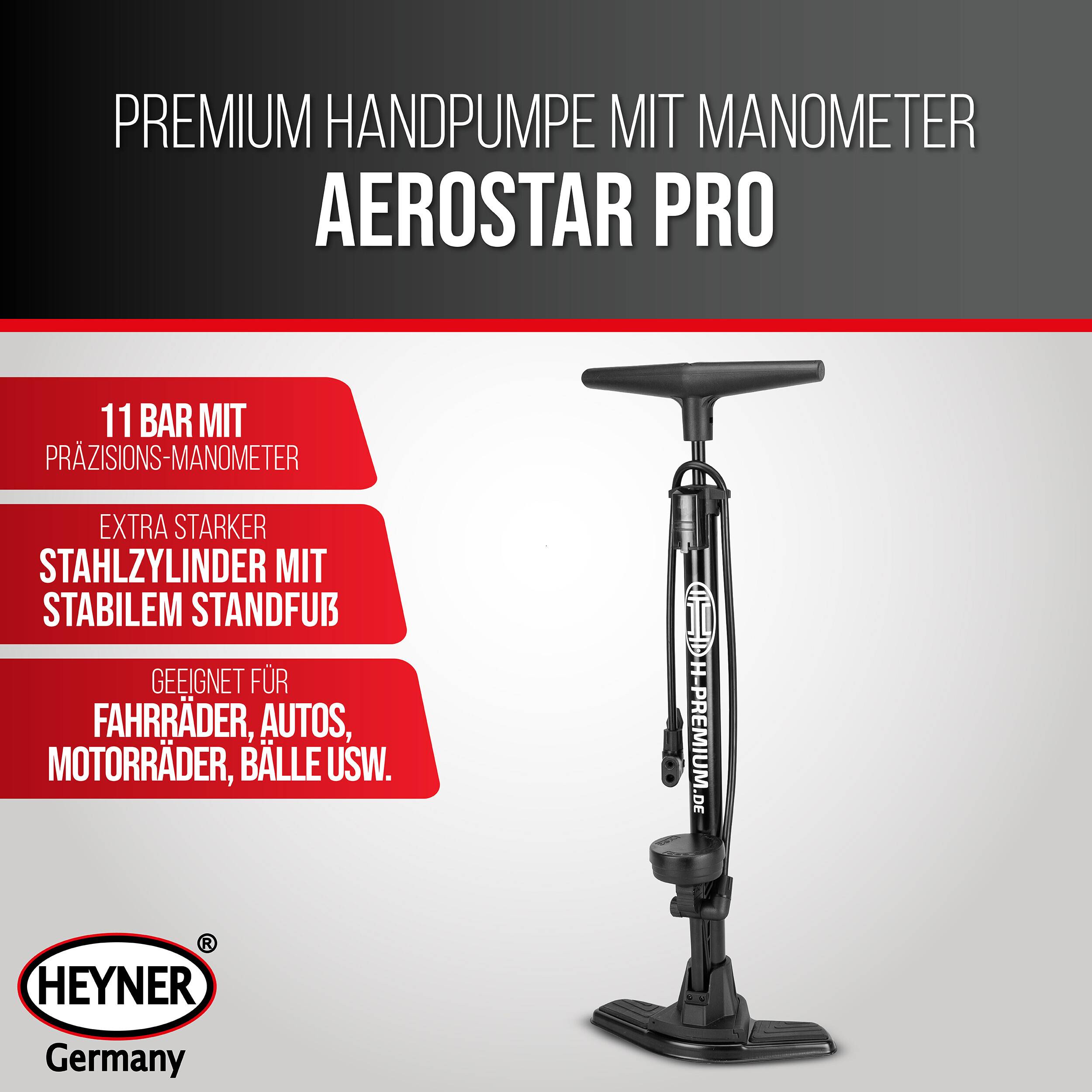 HEYNER® Standluftpumpe, Fahrradpumpe, Standpumpe 11 bar, Multi-Ventil Anschluss, für alle Ventile
