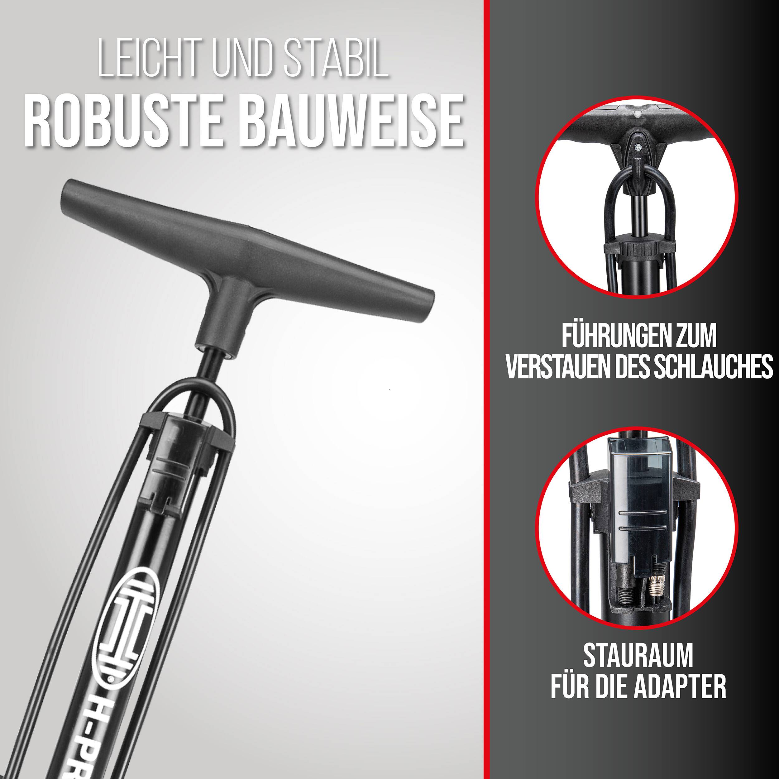 Eine Fahrradpumpe mit dem Text „Leicht und stabil, robuste Bauweise