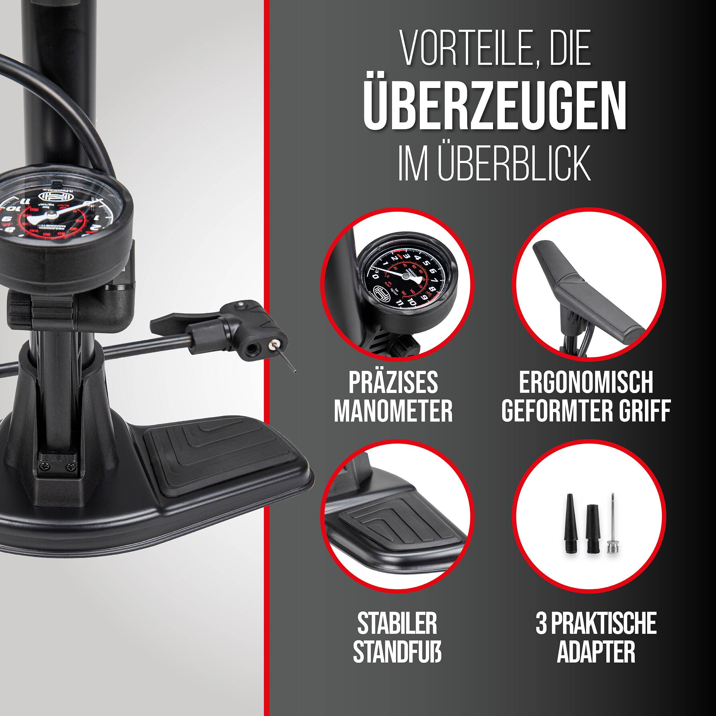 Eigenschaften einer Fahrradpumpe: präzises Manometer, ergonomischer Griff, stabile Basis und drei praktische Adapter.