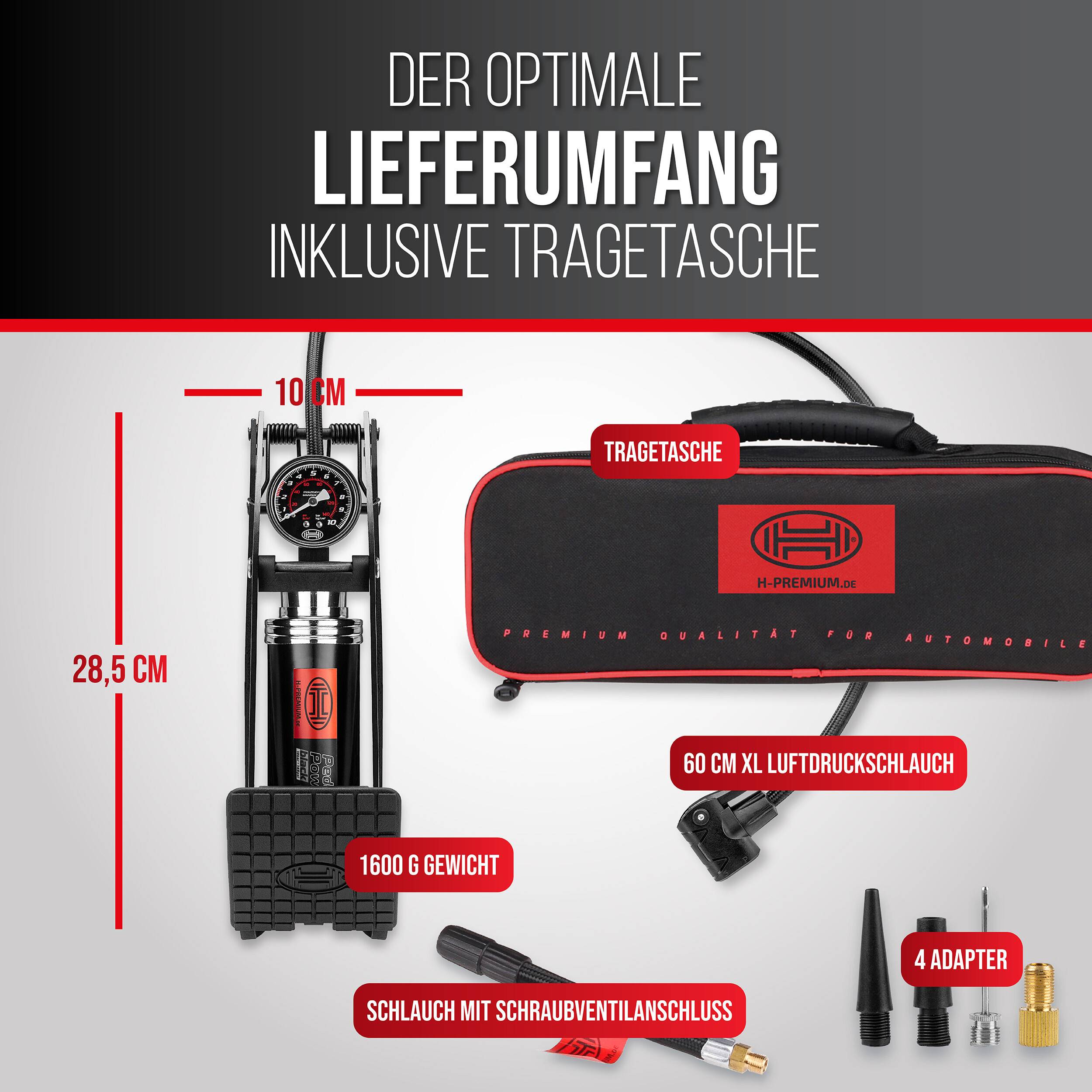 „Die optimale Lieferung umfasst eine Tragetasche, eine Fußpumpe mit Manometer, einen 60 cm langen XL-Luftschlauch und 4 Adapter für verschiedene Anwendungen.