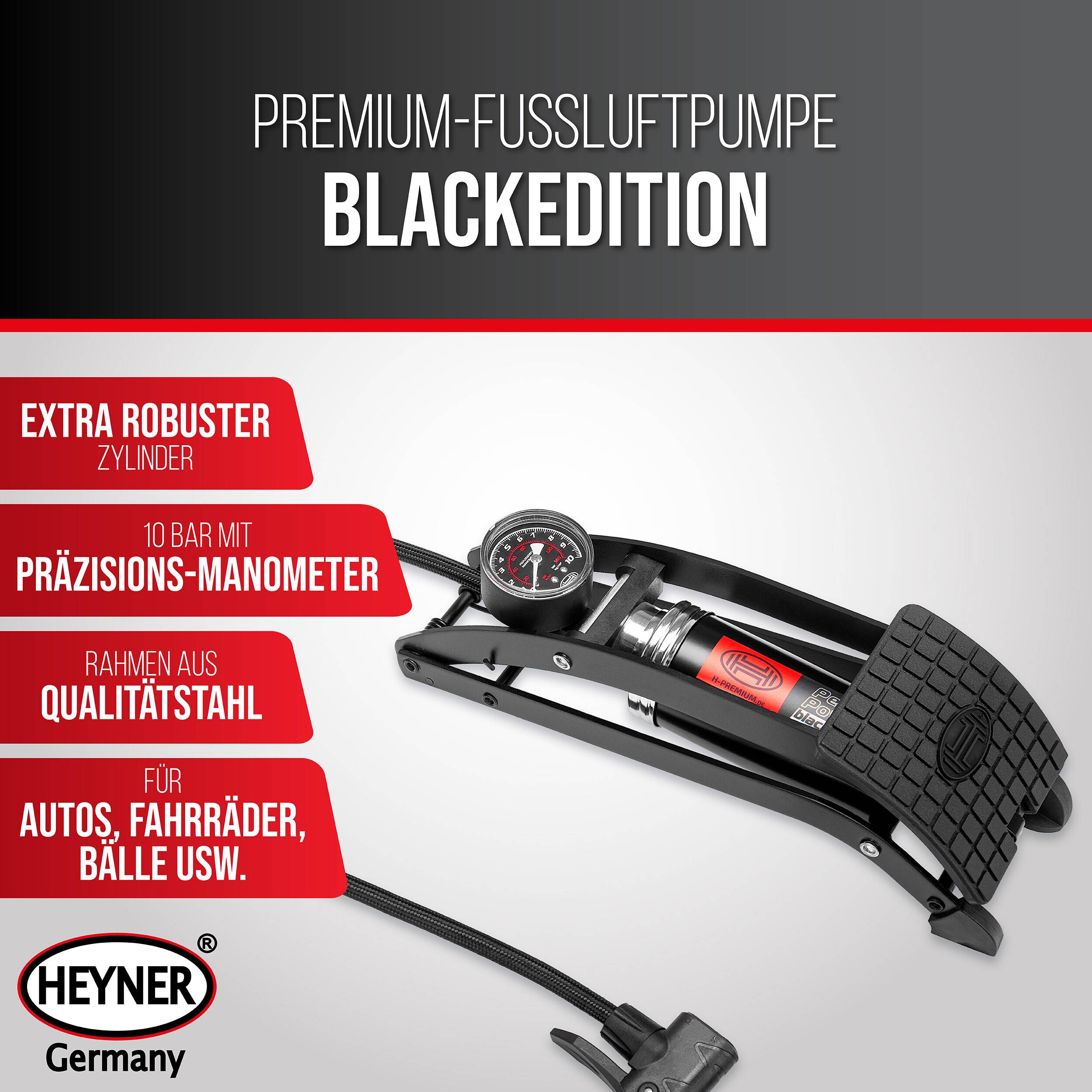 Fußluftpumpe mit Druckmessgerät, mit der Bezeichnung „Premium-Fußluftpumpe Black Edition