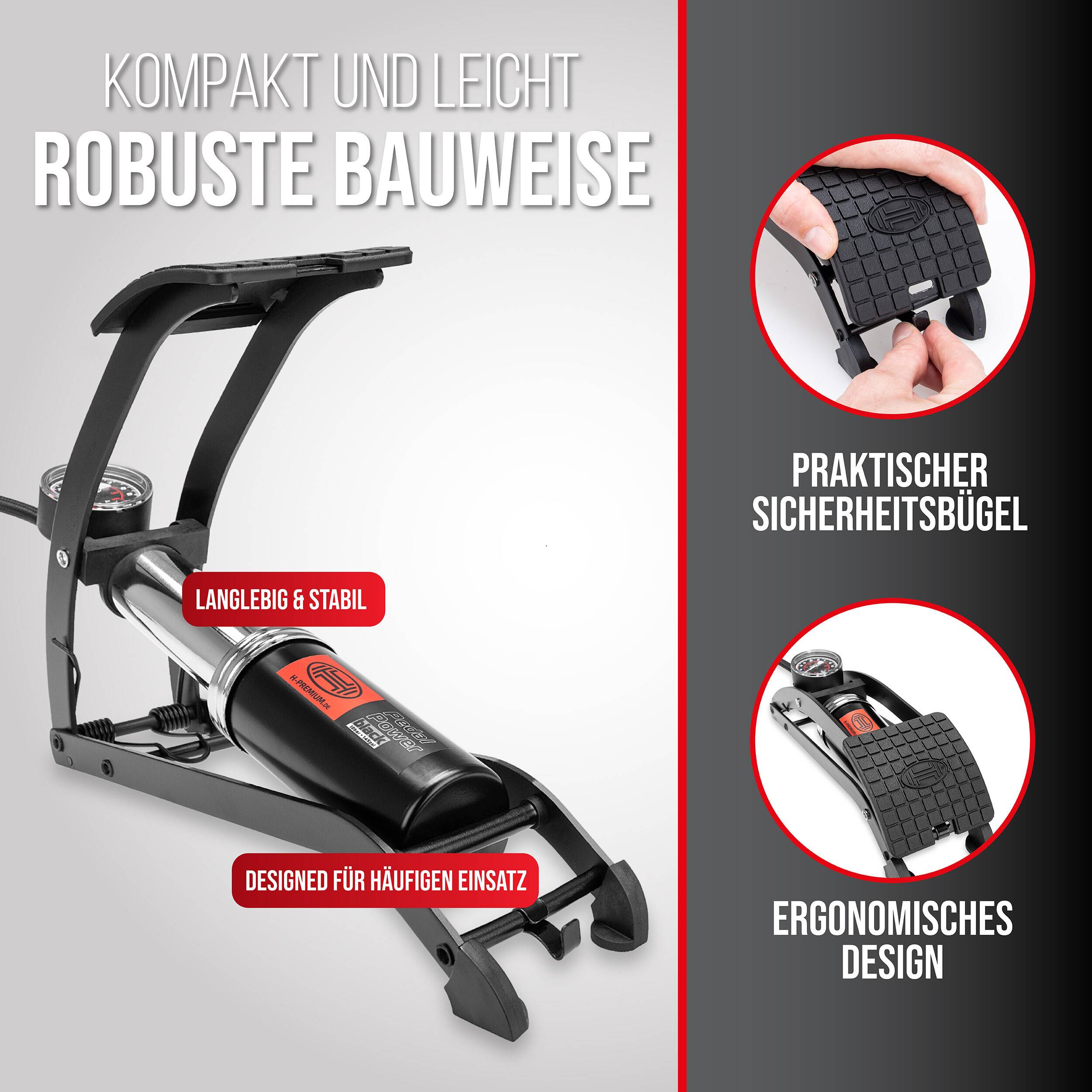 HEYNER® Premium-Fußluftpumpe 10 bar + Tasche & Adapter BlackEdition PedalPower PRO