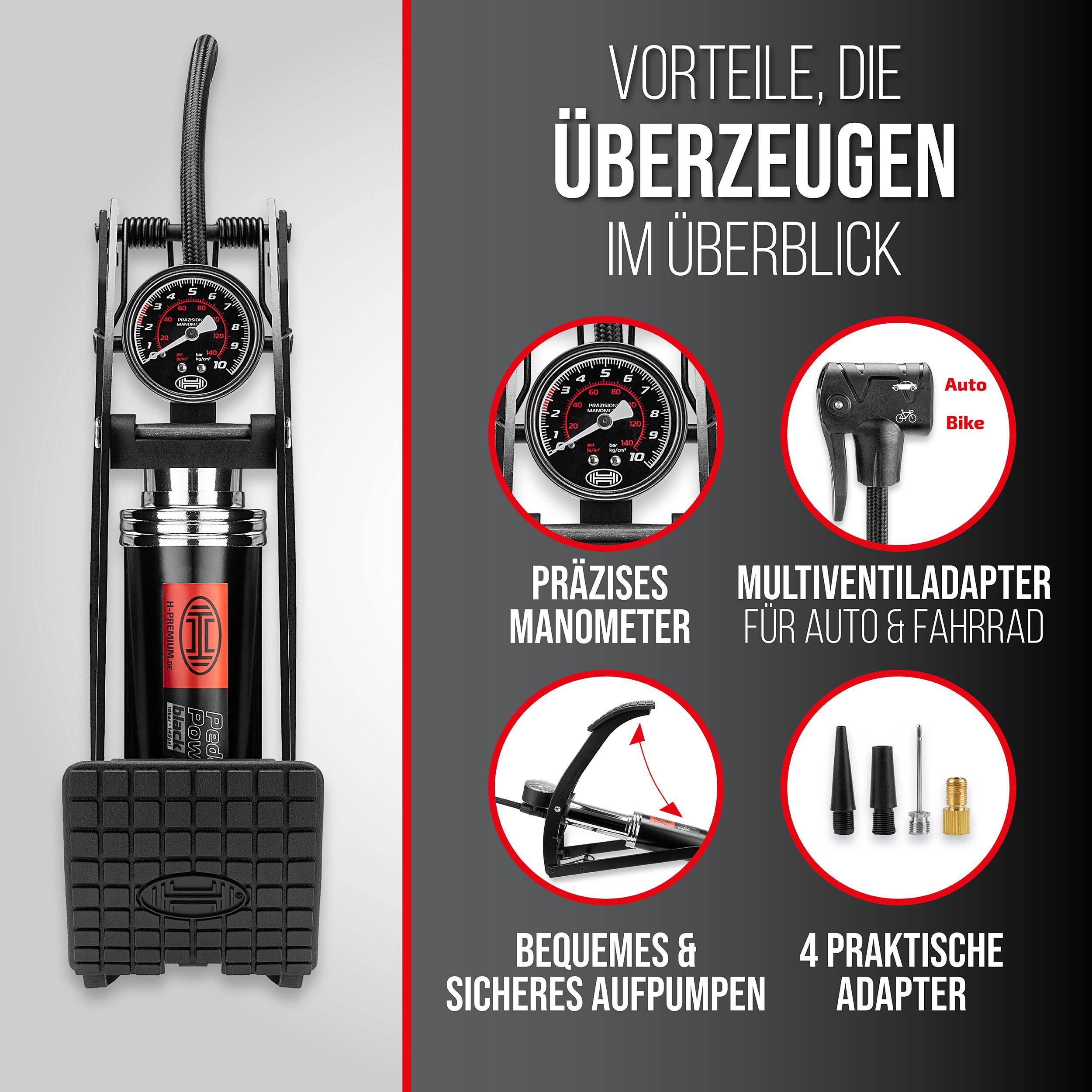 Eine schwarze Fußpumpe mit Manometer, geeignet für Auto und Fahrrad, hervorstechende Merkmale: präzises Manometer, Adapter, einfaches und sicheres Pumpen, vier Adapter. Deutscher Text „Vorteile, die überzeugen
