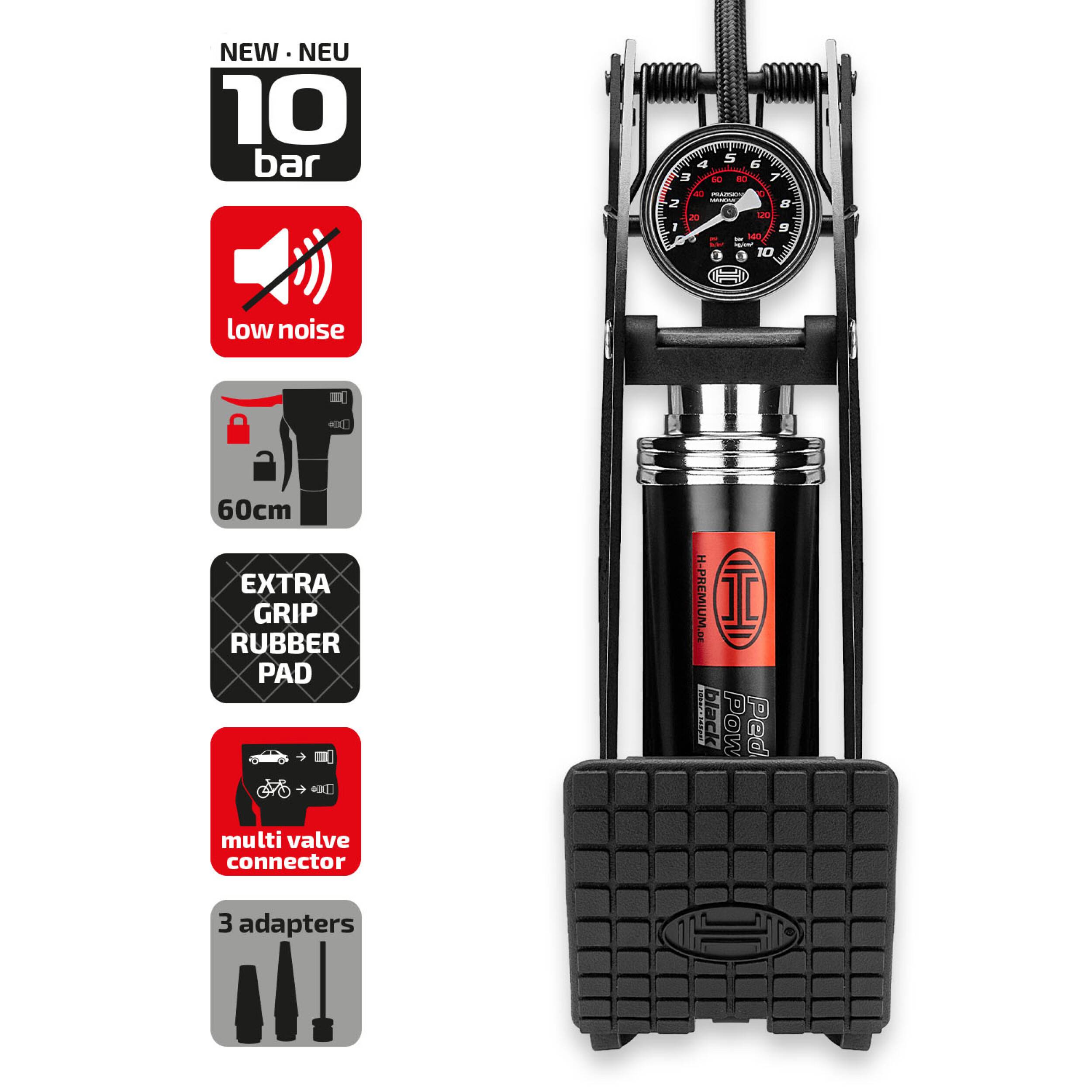 HEYNER® Premium-Fußluftpumpe 10 bar + Tasche & Adapter BlackEdition PedalPower PRO