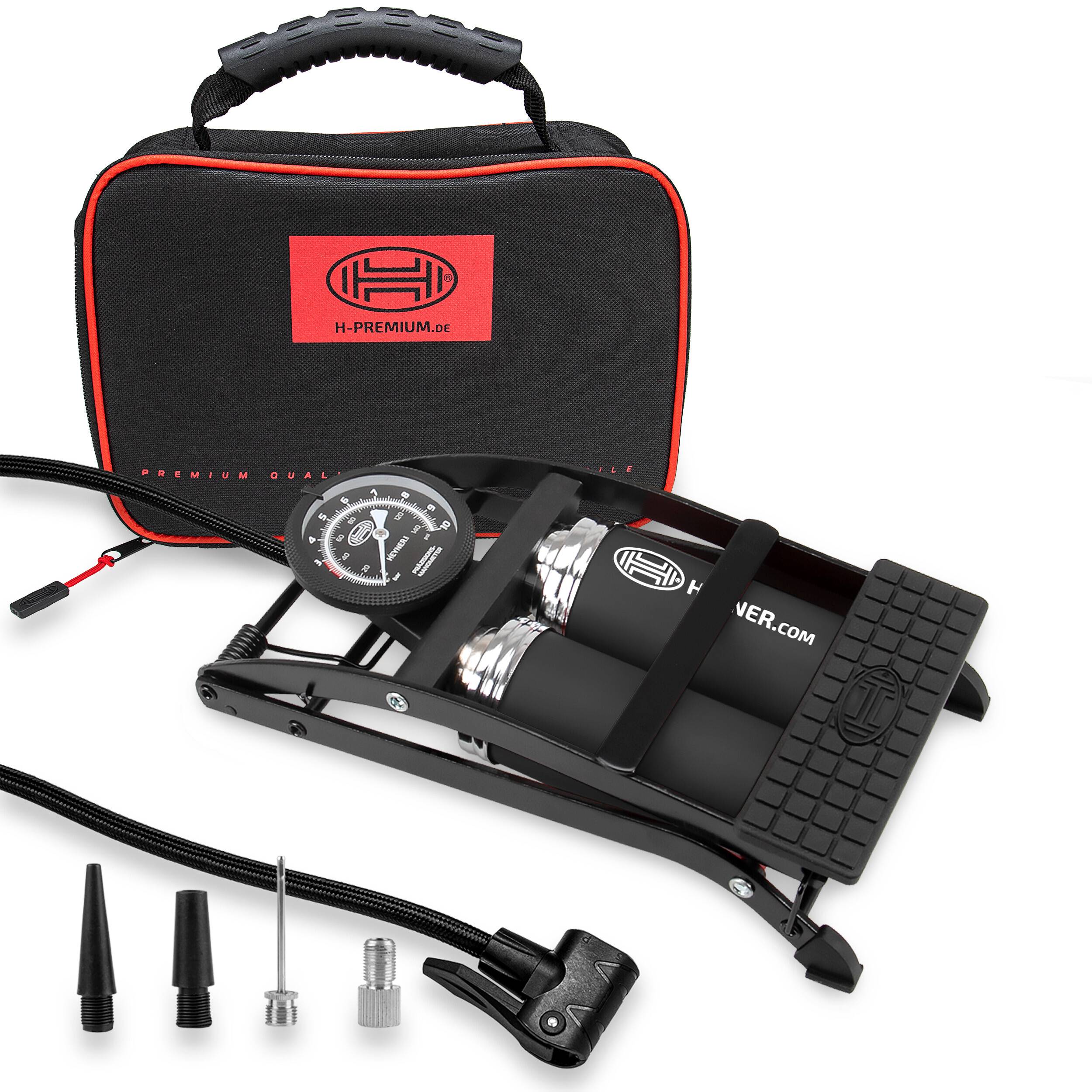 HEYNER® Fußpumpe Doppelzylinder Fahrradpumpe Luftpumpe Autoventil 10 Bar mit Tasche, Black Edition