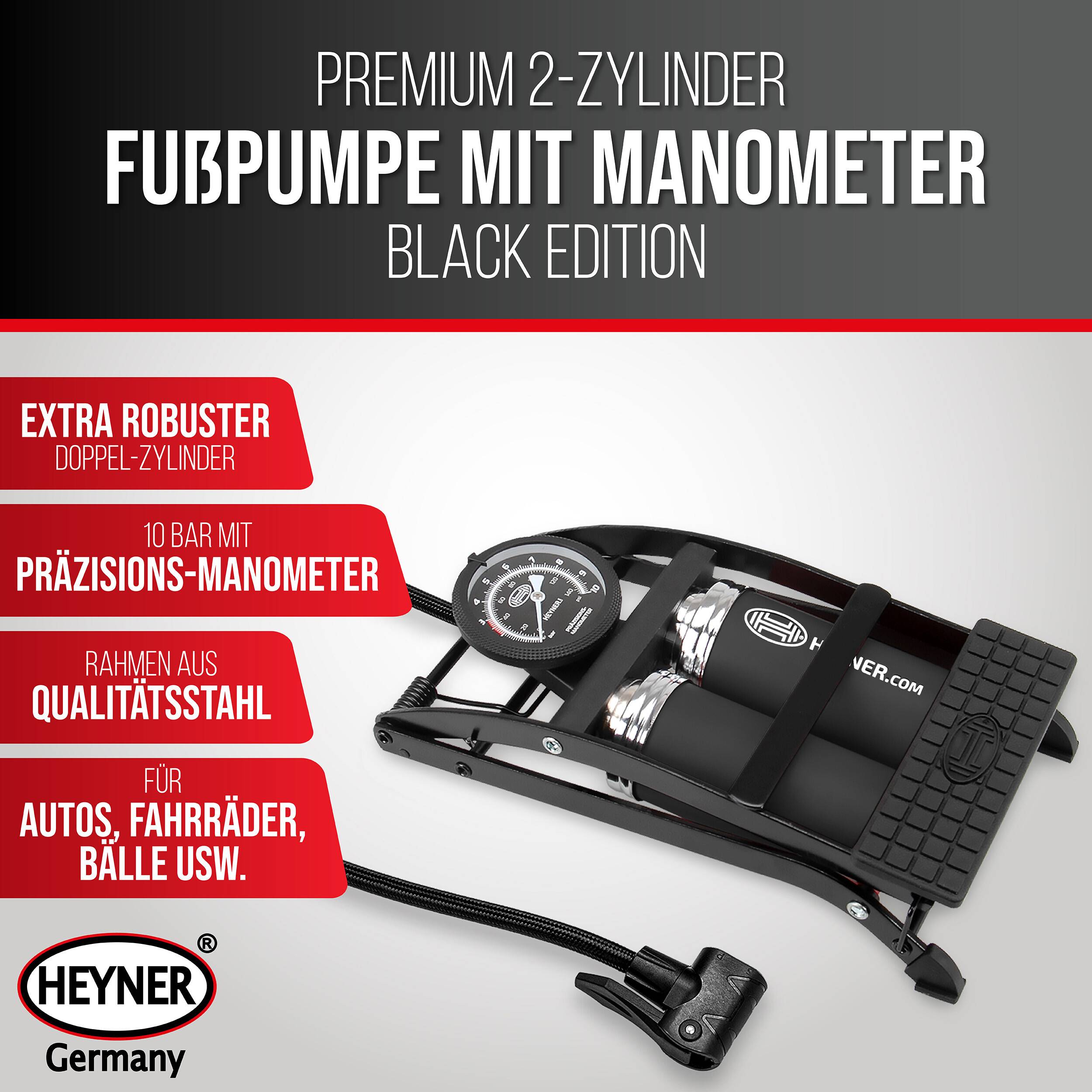 Premium 2-Zylinder Fußpumpe mit Manometer, Black Edition'; mit Druckanzeige, robustem Rahmen, geeignet für Autos, Motorräder, Bälle.