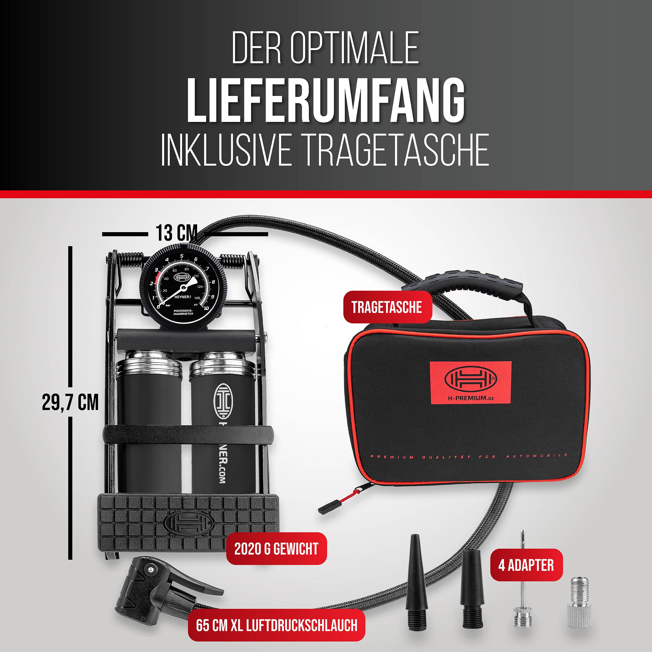 Ein Luftpumpen-Set mit einer Fußpumpe mit Druckanzeige, zwei Luftzylindern, einer Transporttasche und vier Adaptern. Umfasst Abmessungen und Gewicht.