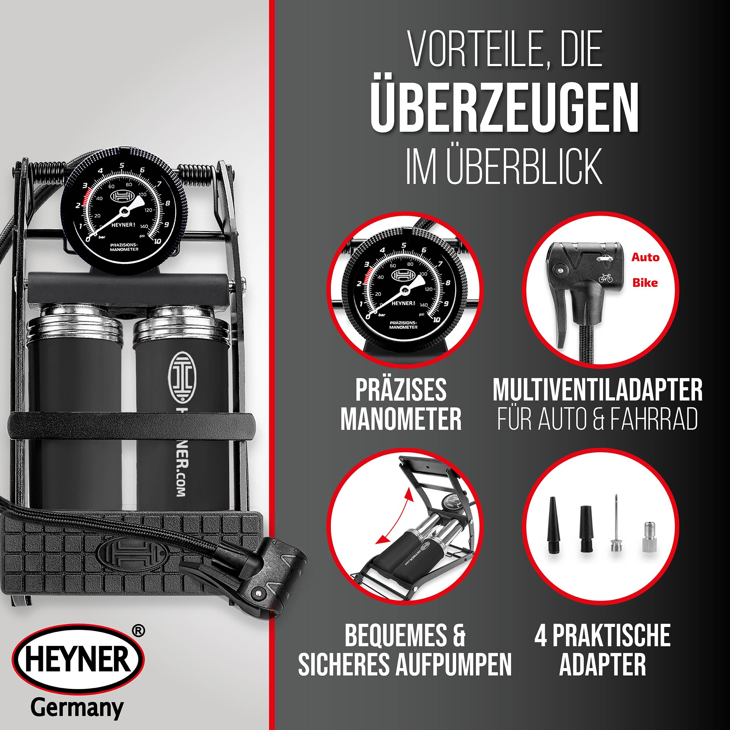 Heyner Reifenpumpe aus Deutschland mit Druckmesser und mehreren Adaptern für Auto und Fahrrad; bietet einfache Bedienung und sichere Aufpumpung.