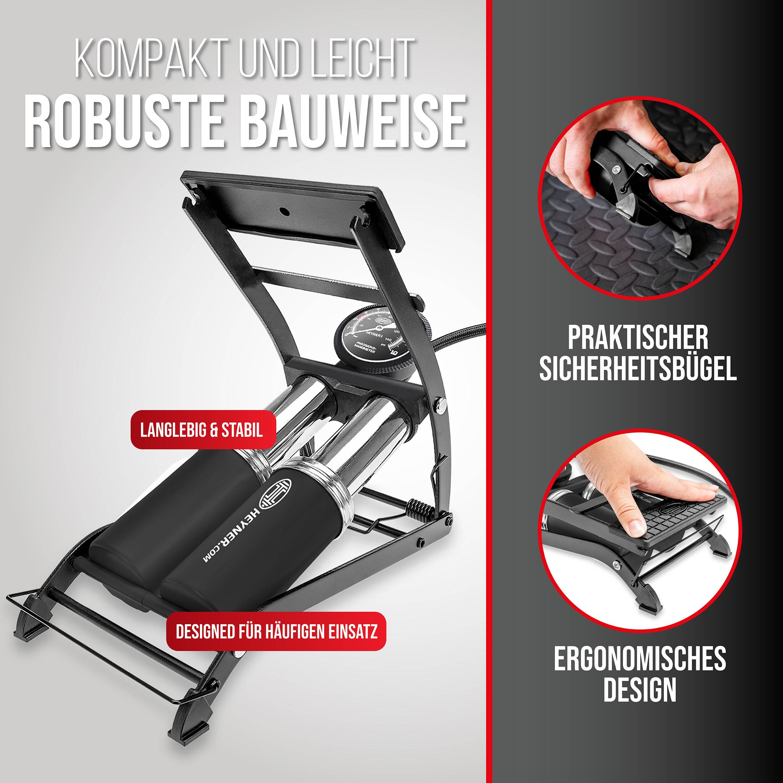 Fußpumpe mit robustem Design, Sicherheitsclip und ergonomischem Griff. Merkmale werden als robust, geeignet für häufige Nutzung und stabil beschrieben.