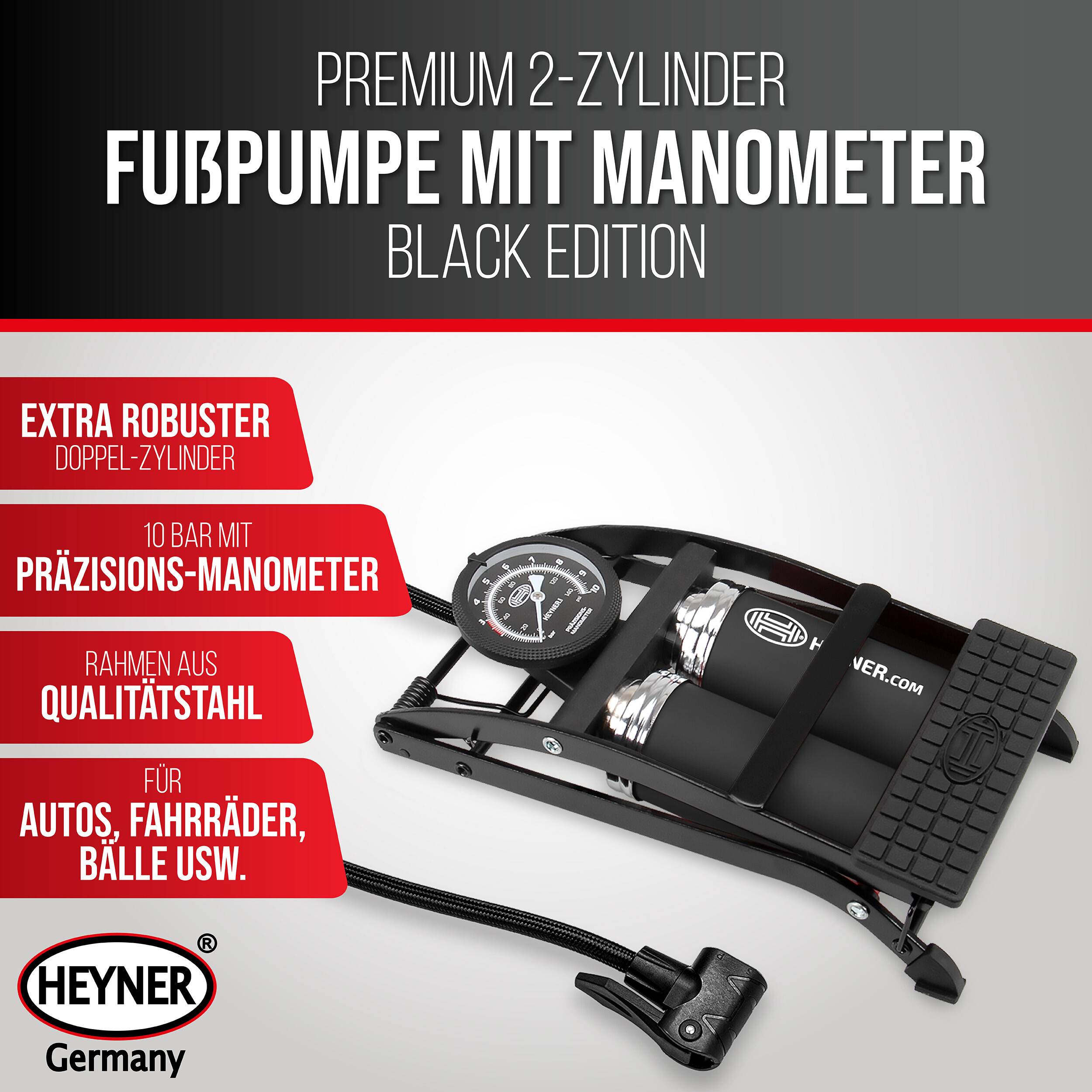 HEYNER® Fußpumpe Doppelzylinder Fahrradpumpe Luftpumpe Autoventil 10 Bar mit Tasche, Black Edition