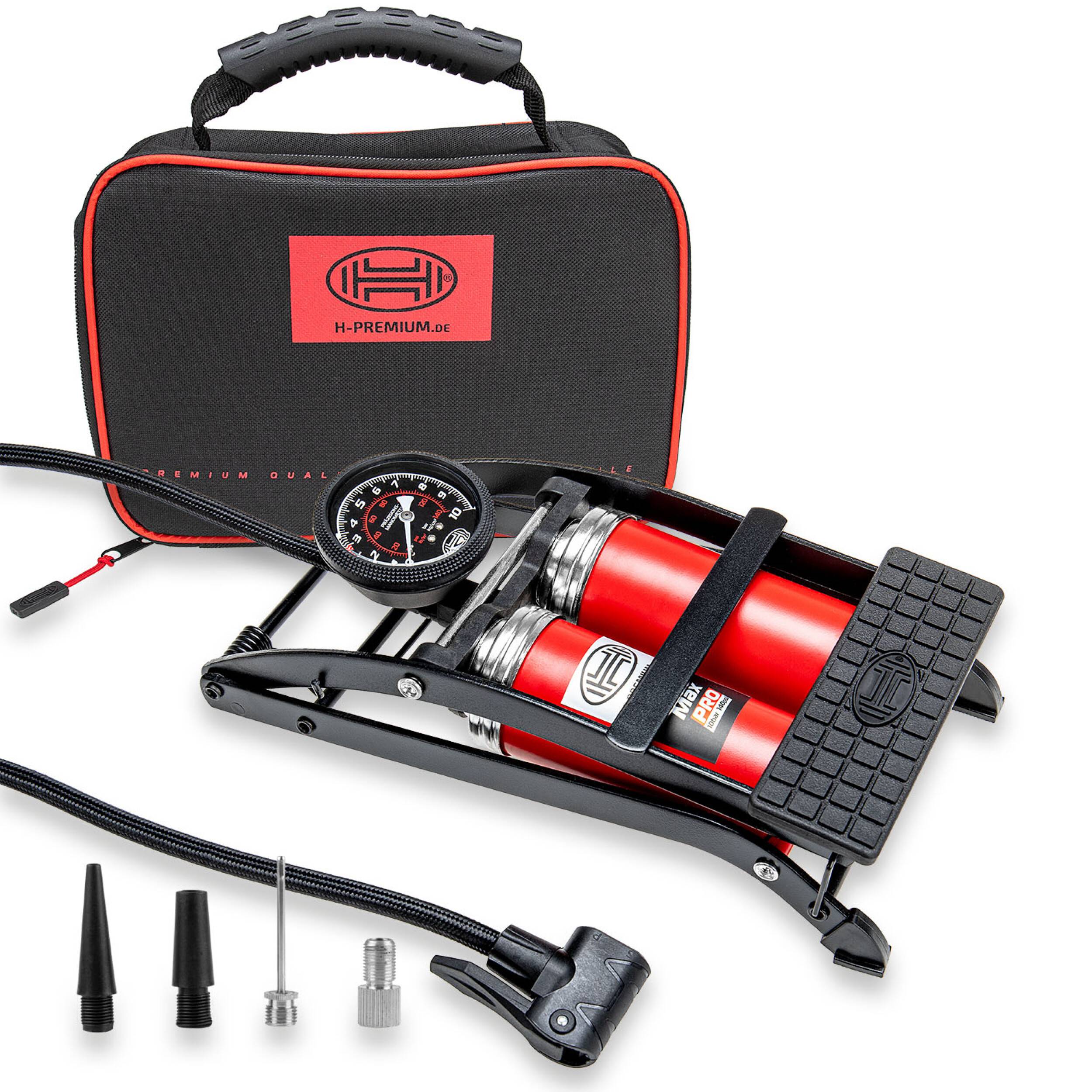 HEYNER® 22500N Fußluftpumpe Doppelzylinder 2 Zylinder mit Manometer bis 10 bar + Tasche