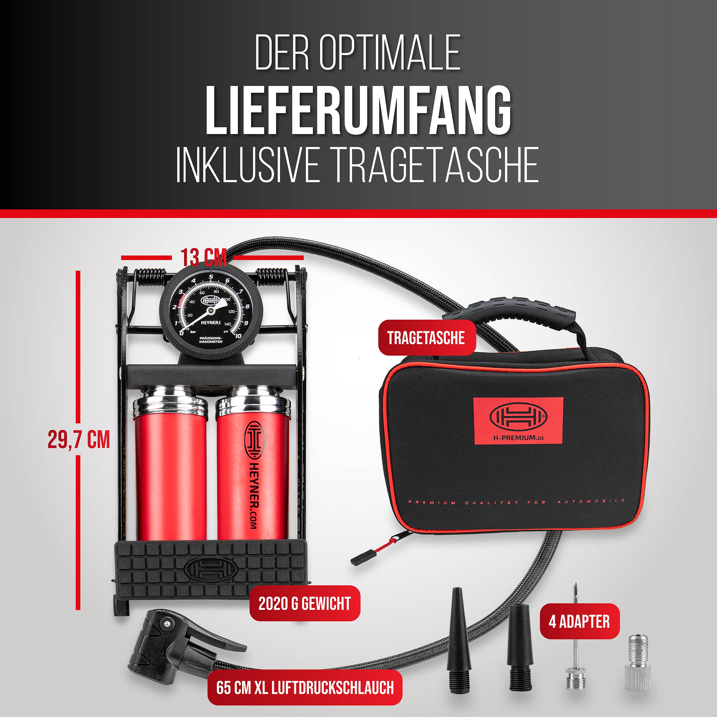HEYNER® 22500N Fußluftpumpe Doppelzylinder 2 Zylinder mit Manometer bis 10 bar + Tasche