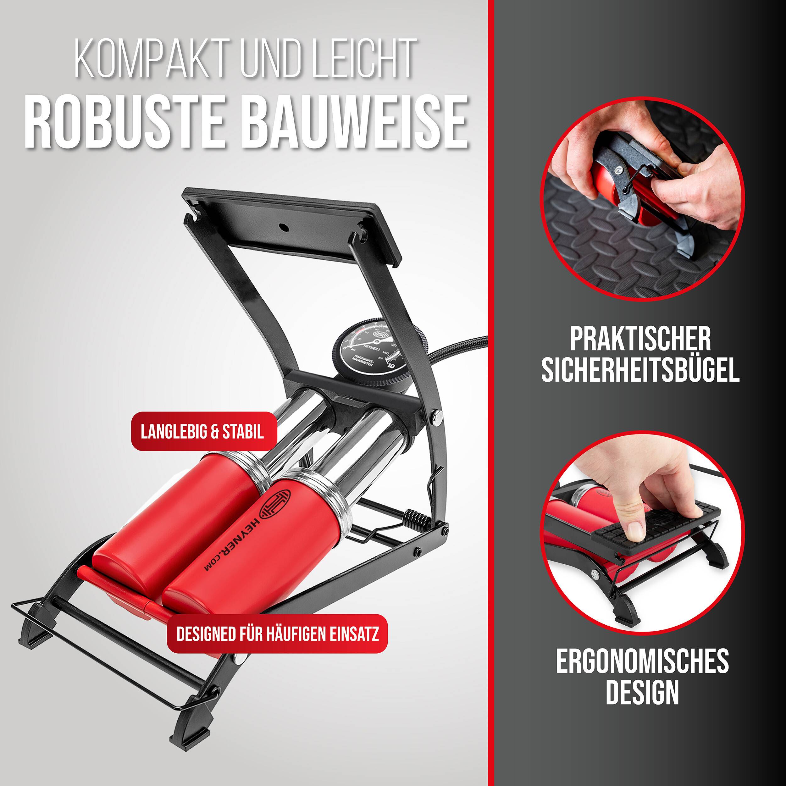 HEYNER® 22500N Fußluftpumpe Doppelzylinder 2 Zylinder mit Manometer bis 10 bar + Tasche