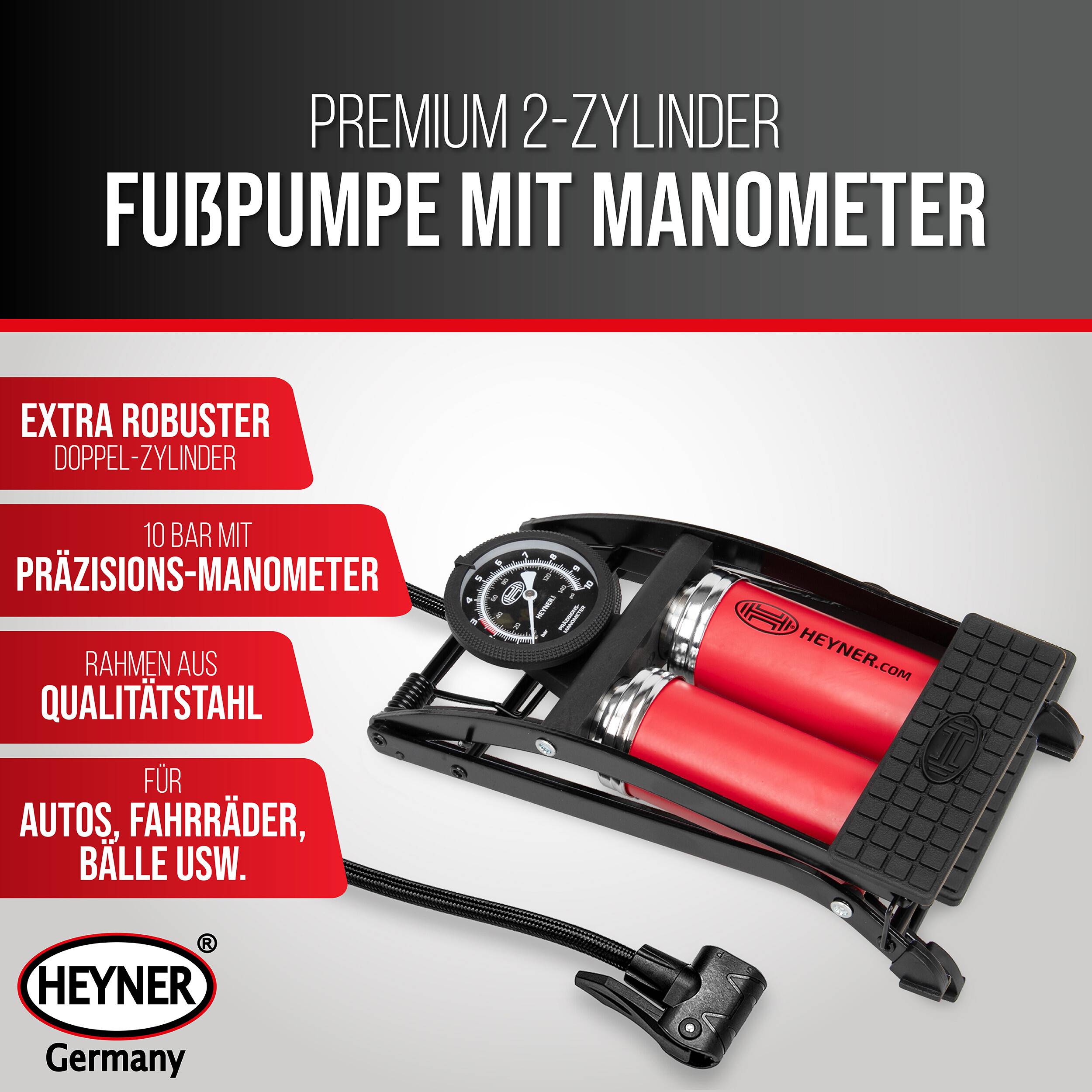 Produktbild einer schwarzen Doppelzylinder-Fußpumpe mit eingebautem Druckmesser, gekennzeichnet als „Premium-2-Zylinder-Fußpumpe mit Manometer
