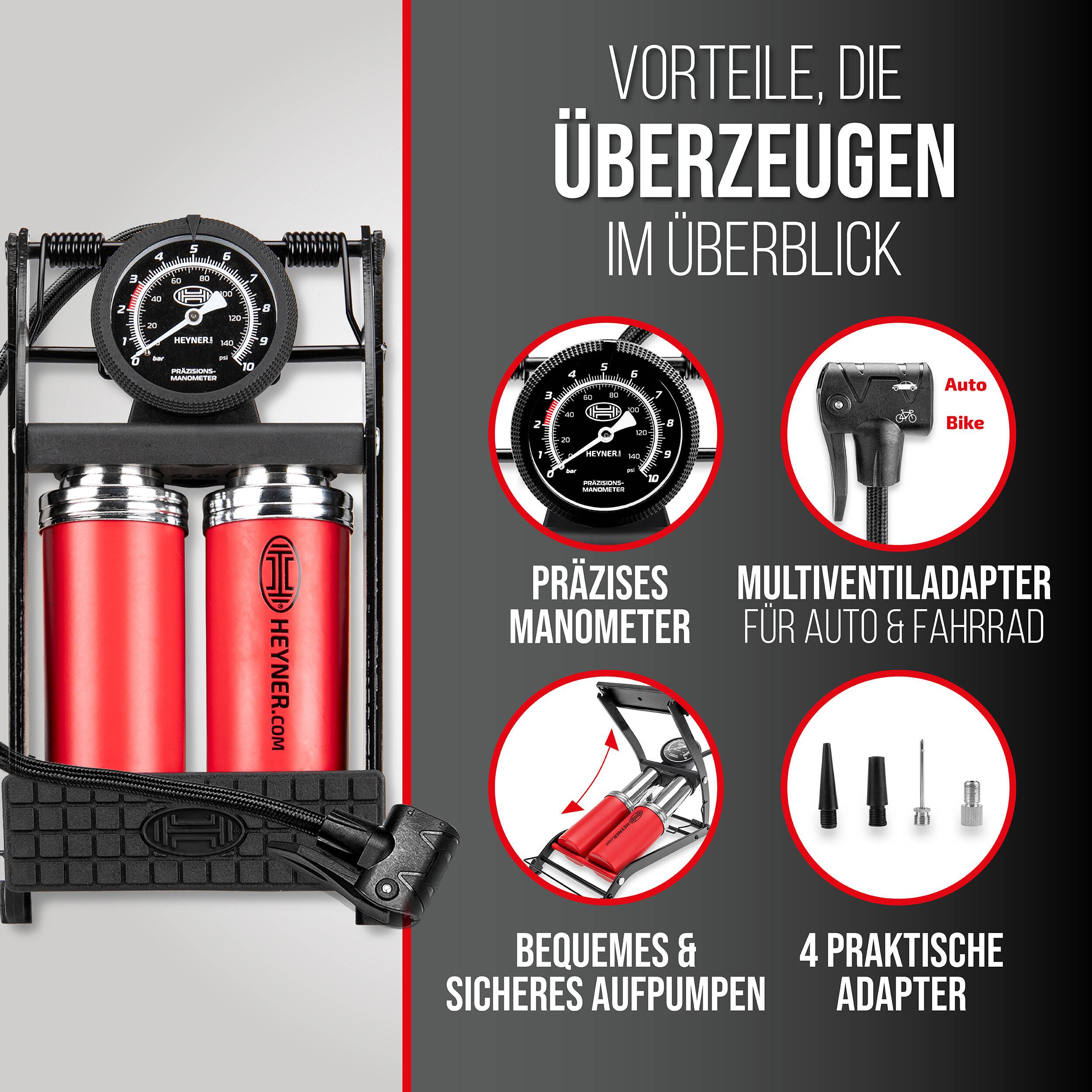 Plakat einer tragbaren Luftpumpe mit Druckmesser und roten Zylindern, das vier Funktionen zeigt: präzises Manometer, Multi-Ventil-Adapter für Auto und Fahrrad, einfaches sicheres Pumpen und 4 praktische Adapter.