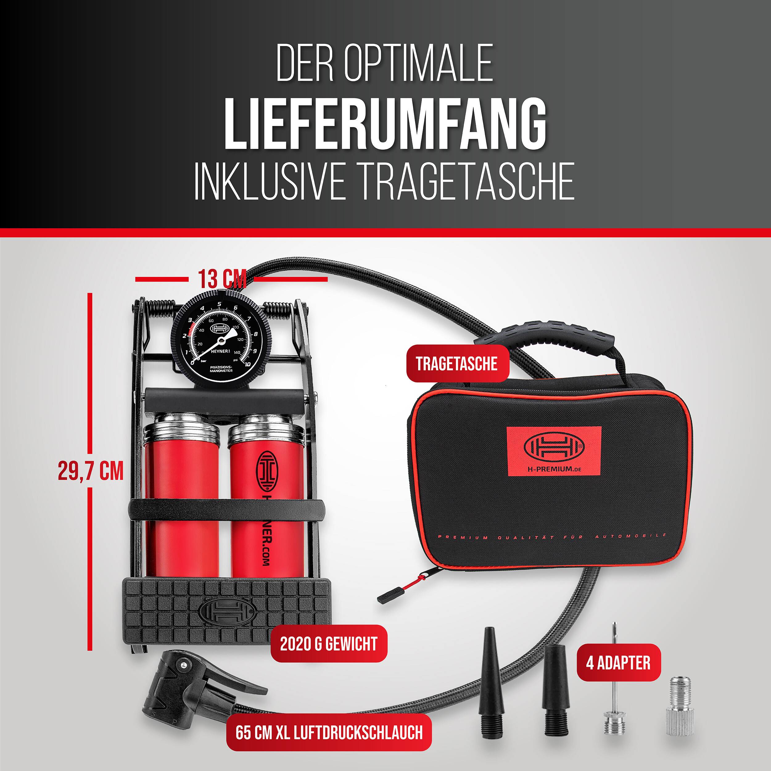 HEYNER® 22500N Fußluftpumpe Doppelzylinder 2 Zylinder mit Manometer bis 10 bar + Tasche