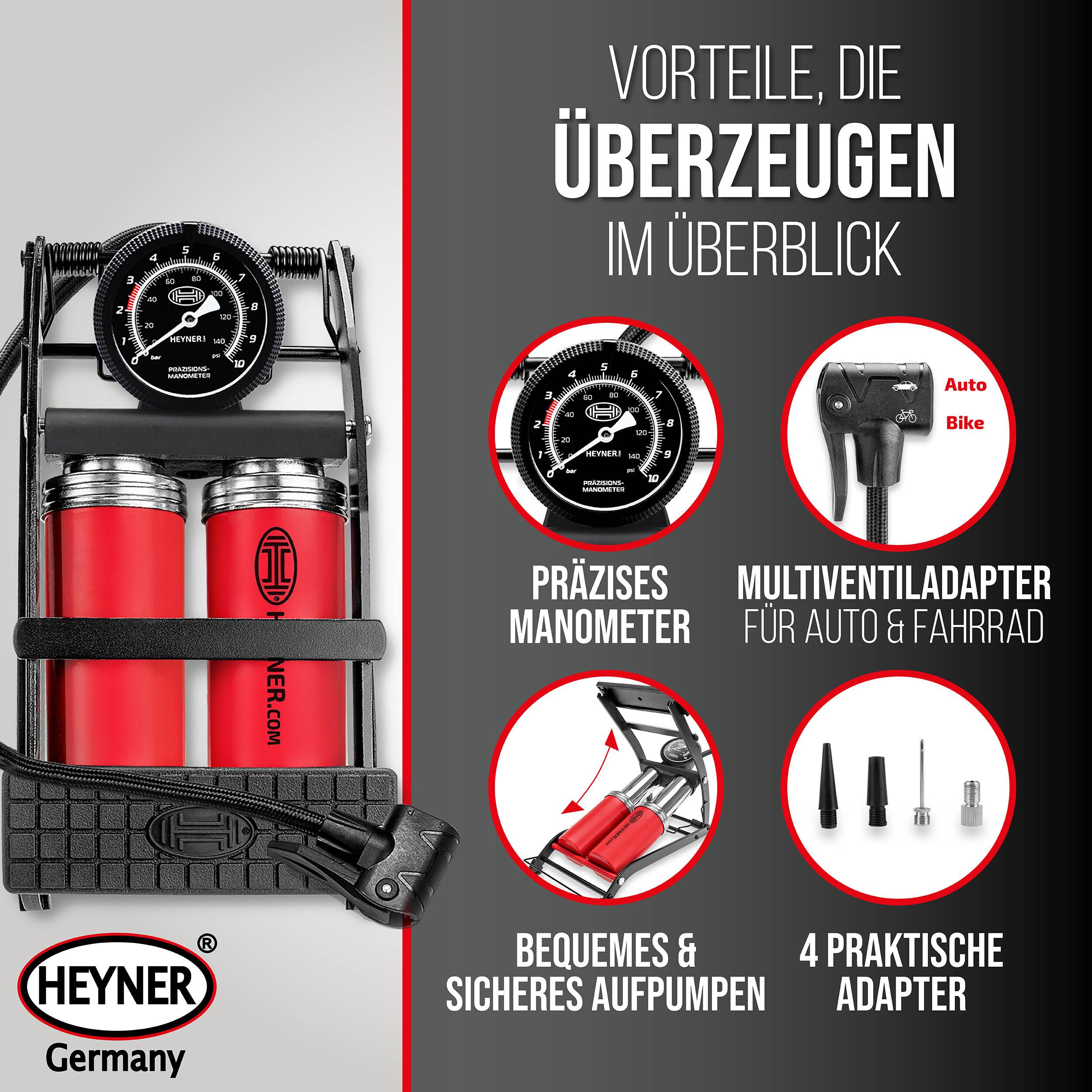 HEYNER® 22500N Fußluftpumpe Doppelzylinder 2 Zylinder mit Manometer bis 10 bar + Tasche