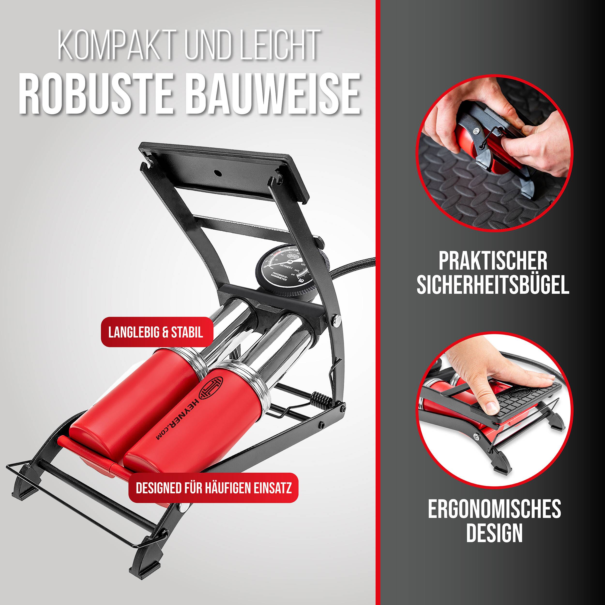 HEYNER® 22500N Fußluftpumpe Doppelzylinder 2 Zylinder mit Manometer bis 10 bar + Tasche