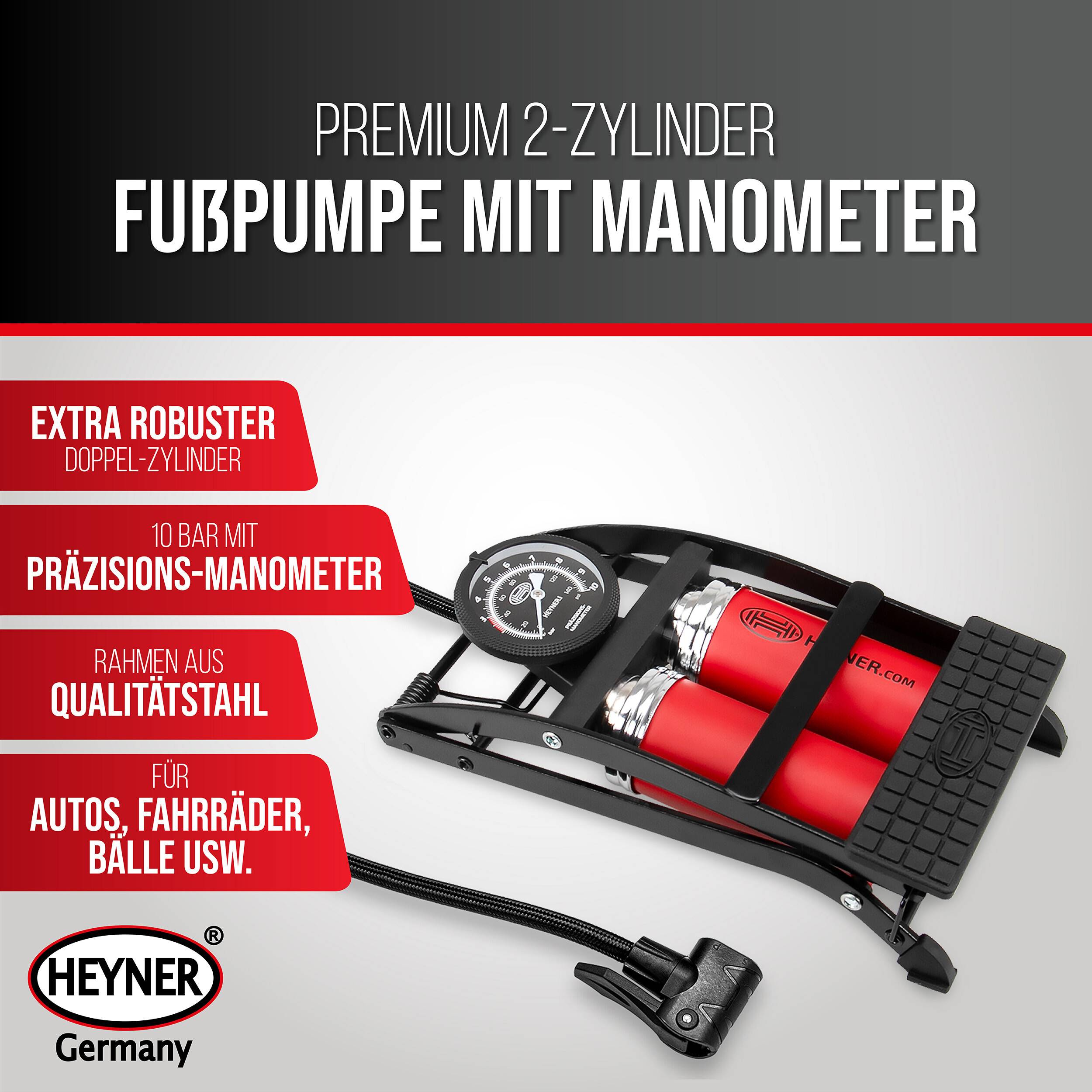 HEYNER® 22500N Fußluftpumpe Doppelzylinder 2 Zylinder mit Manometer bis 10 bar + Tasche